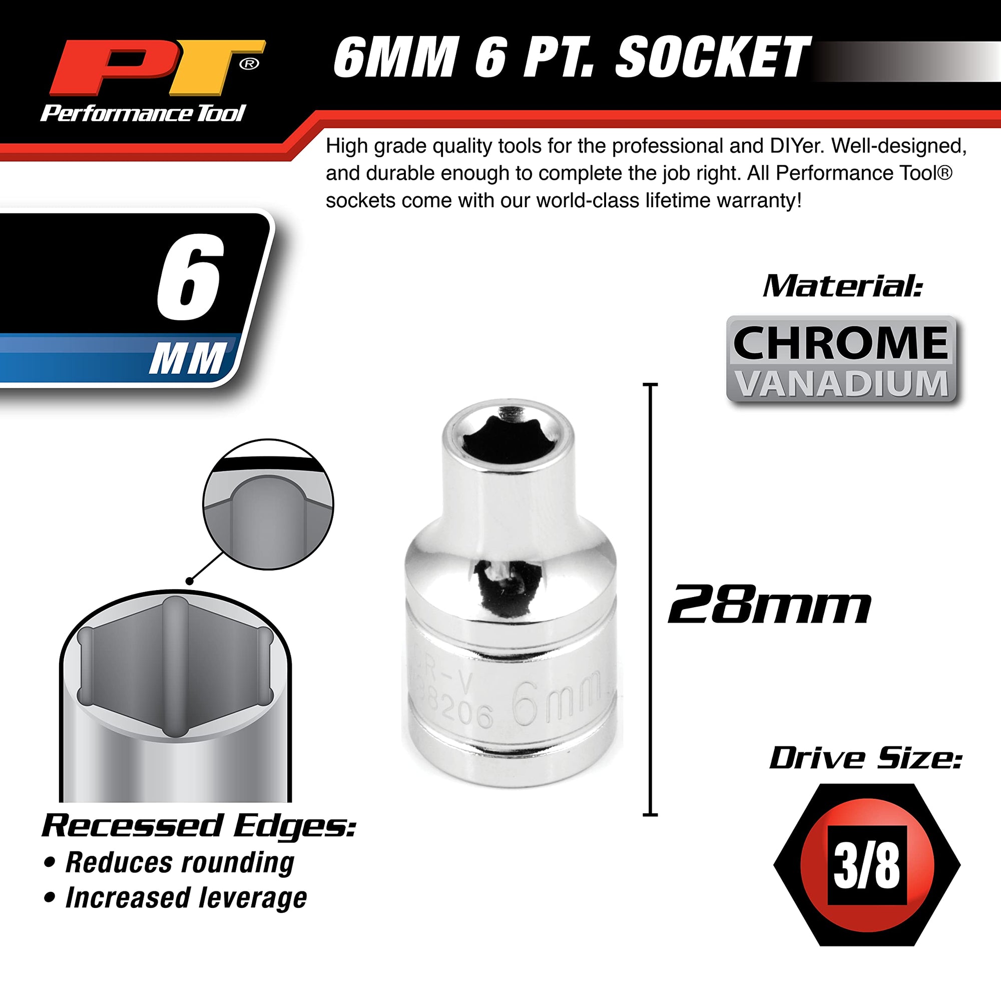 6-Point Socket Performance Tool, 3/8-Inch Drive, 6mm