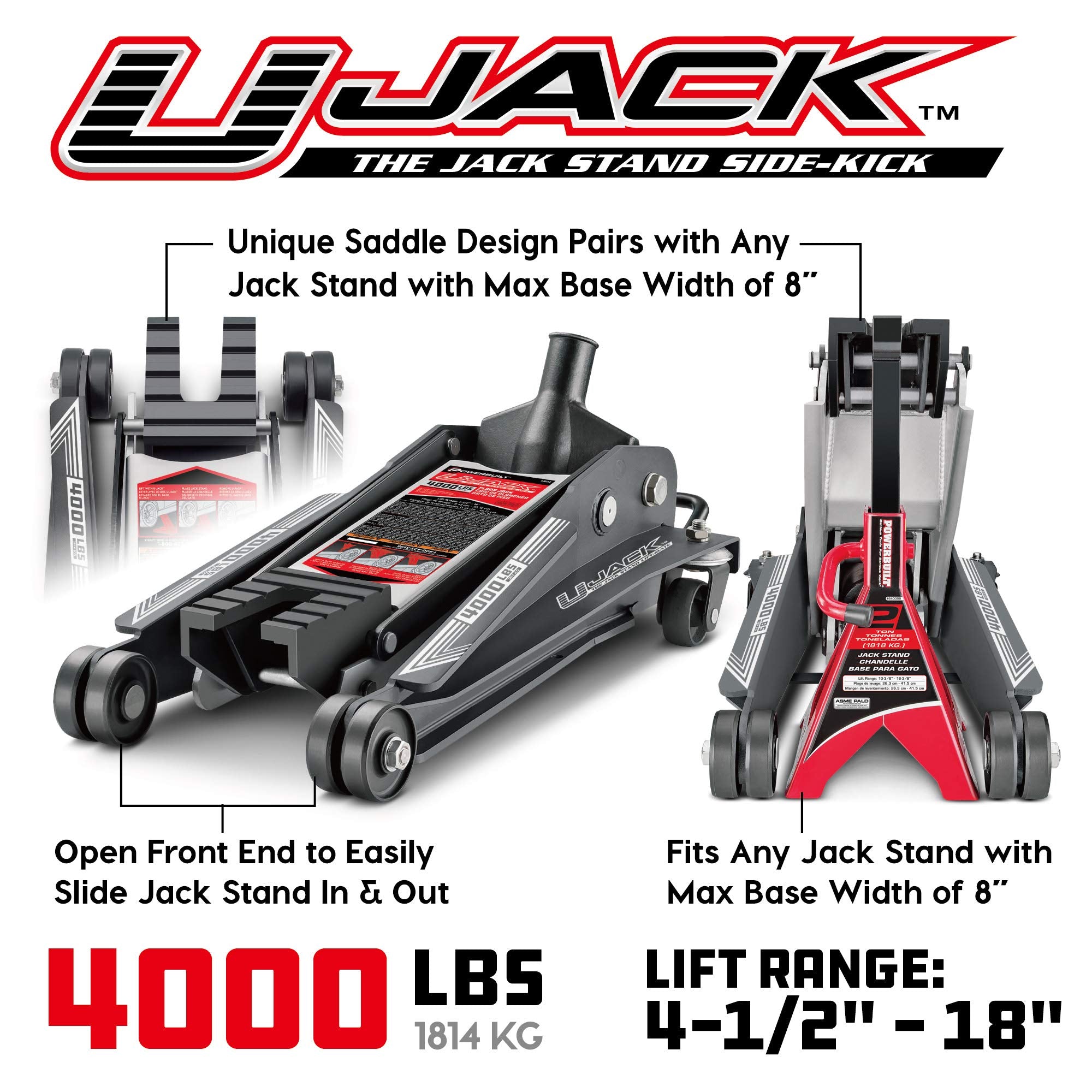 2 Ton Powerbuilt U-Jack Garage Jack, 3000 LBS Loading Capacity, Lift Range: 4-1/2-Inch to 18-3/4-Inch, Unique Saddle for sliding jackstand into - 620516