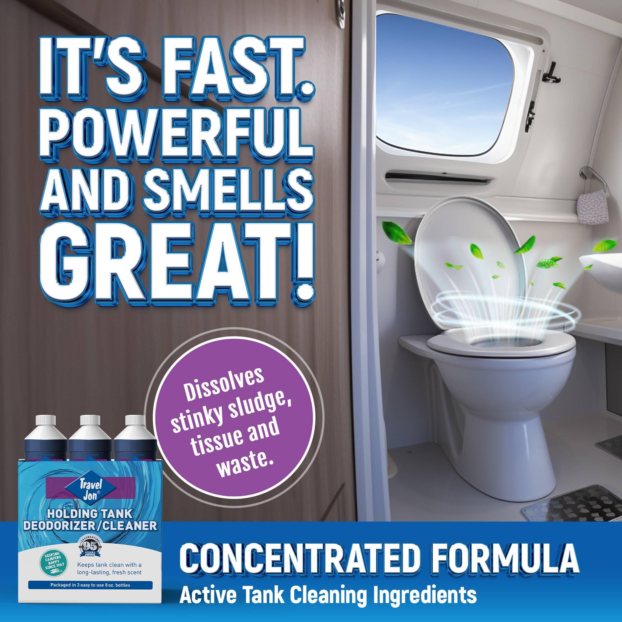 Jon Travel RV Toilet Treatment – Gray & Black Tank Treatment, Holding Tank Waste Digester for RV, Camper, Boat, & Porta Potty – Extra Strength Odor Eliminator (8oz - 3 pack)