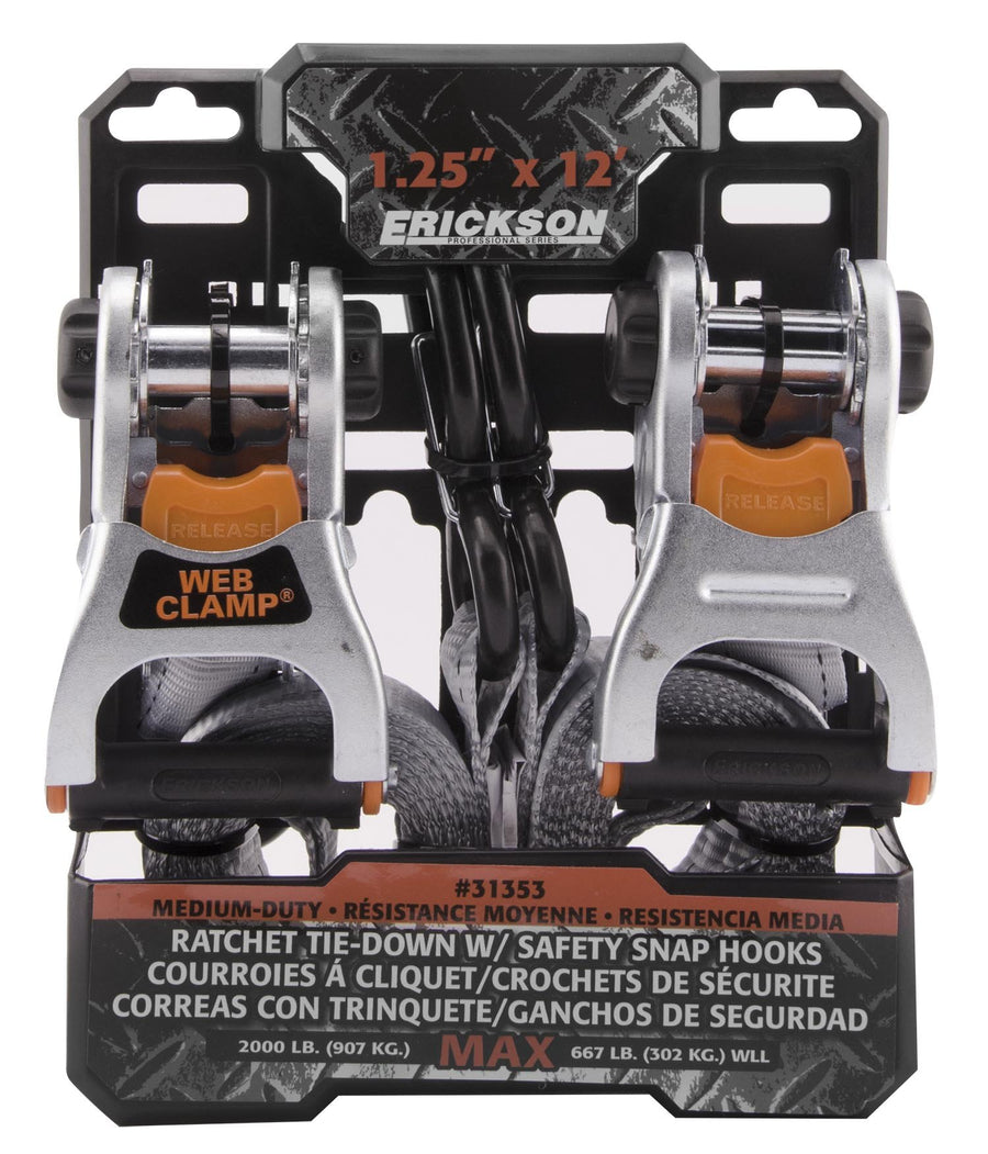Pro Series Erickson Gray 1" x 12' Deluxe Web Clamp Ratcheting Tie-Down - 2000 lb. Load Capacity, (Pack of 2)