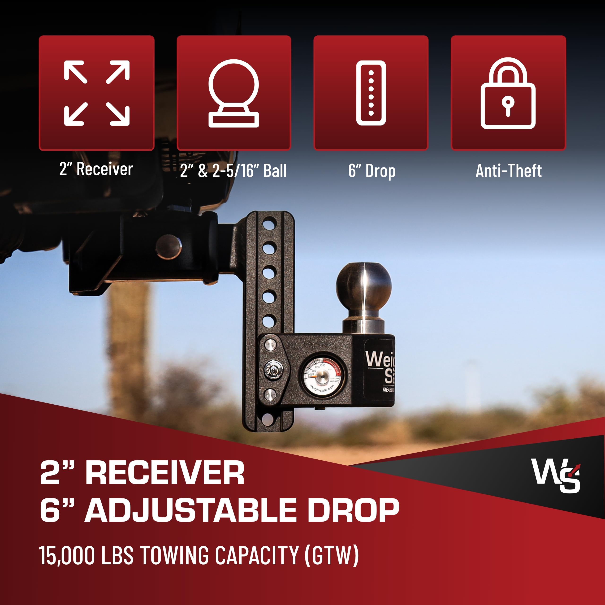 Weigh Safe Drop Hitch Steel - Adjustable Trailer Hitch with Ball Mount - Designed for 2" Receivers - Includes 2 Tow Balls - 6" Drop, 15,000 GTW, 2-Piece Lock Set