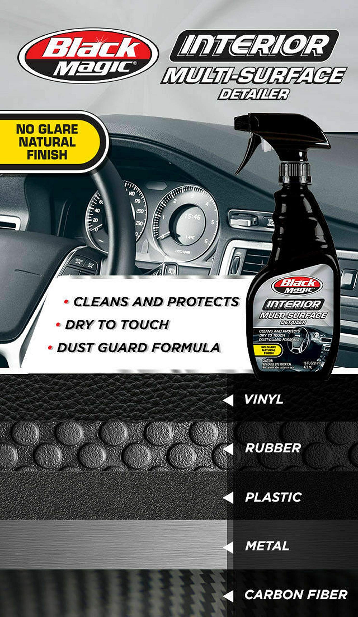 Black Magic Multi-Surface Interior Detailer No Glare Cleans and Protects Rubber, Vinyl, Metal, Carbon Fiber & Plastic Including Display Screen