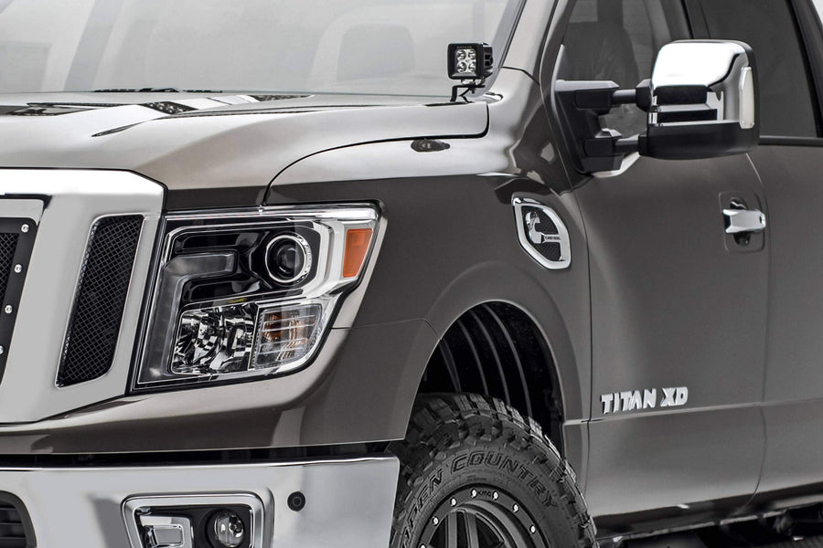 ZROADZ LED Ditch Hood Hinge Kit - Compatible w/ 2016-2019 Nissan Titan - Incl. (2) 3 Inch LED Pod Lights - Mild Steel Gloss Black Finish - Bolt-On Easy Installation - PN #Z367581-KIT2