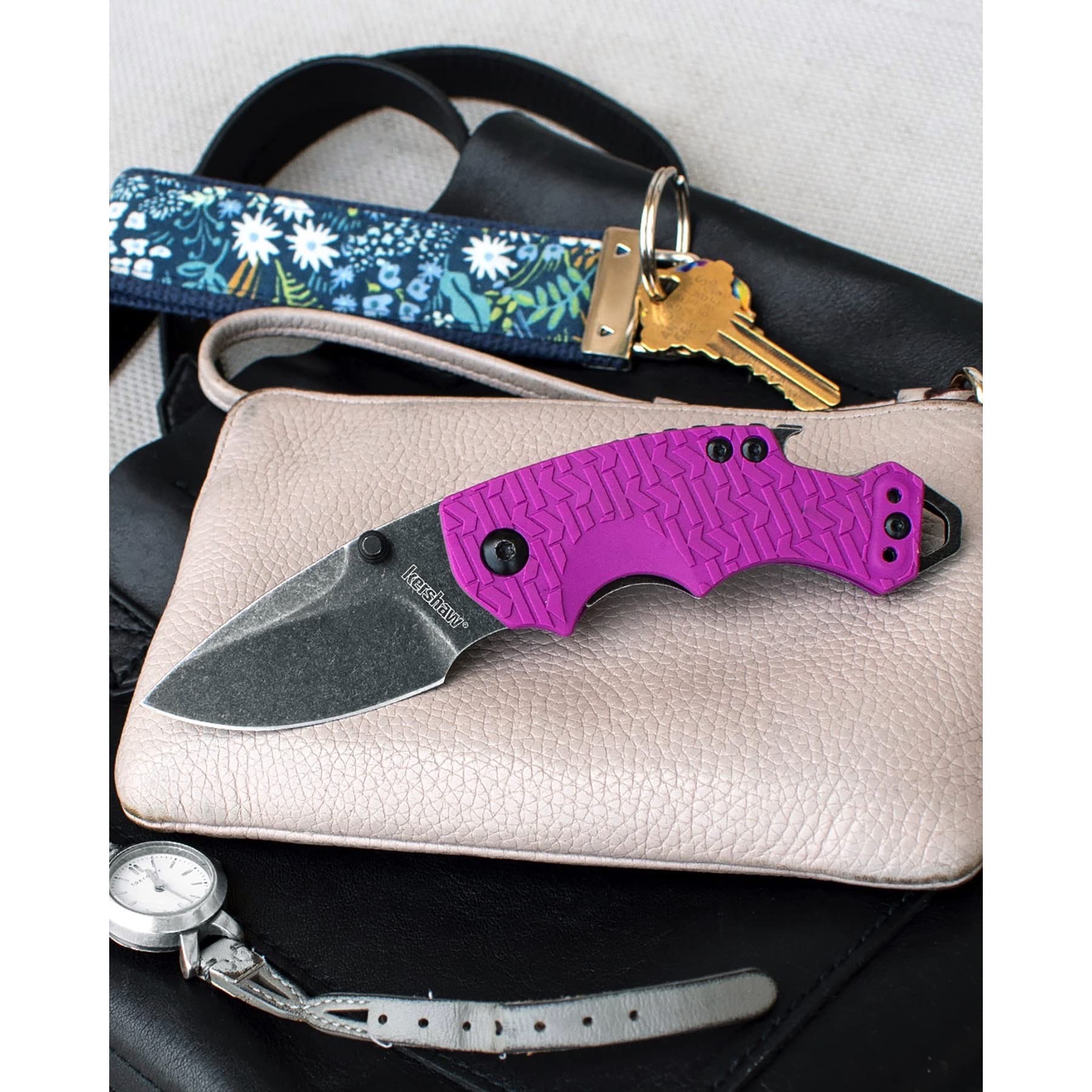 Kershaw Shuffle (8700PURBW); Pocket Knife Multifunction, 2.4” Stainless Steel Blade with BlackWash Finish, Purple K-Texture Grip, Liner Lock, Deep-Carry Pocketclip, Screwdriver, Bottle Opener, 2.8 OZ