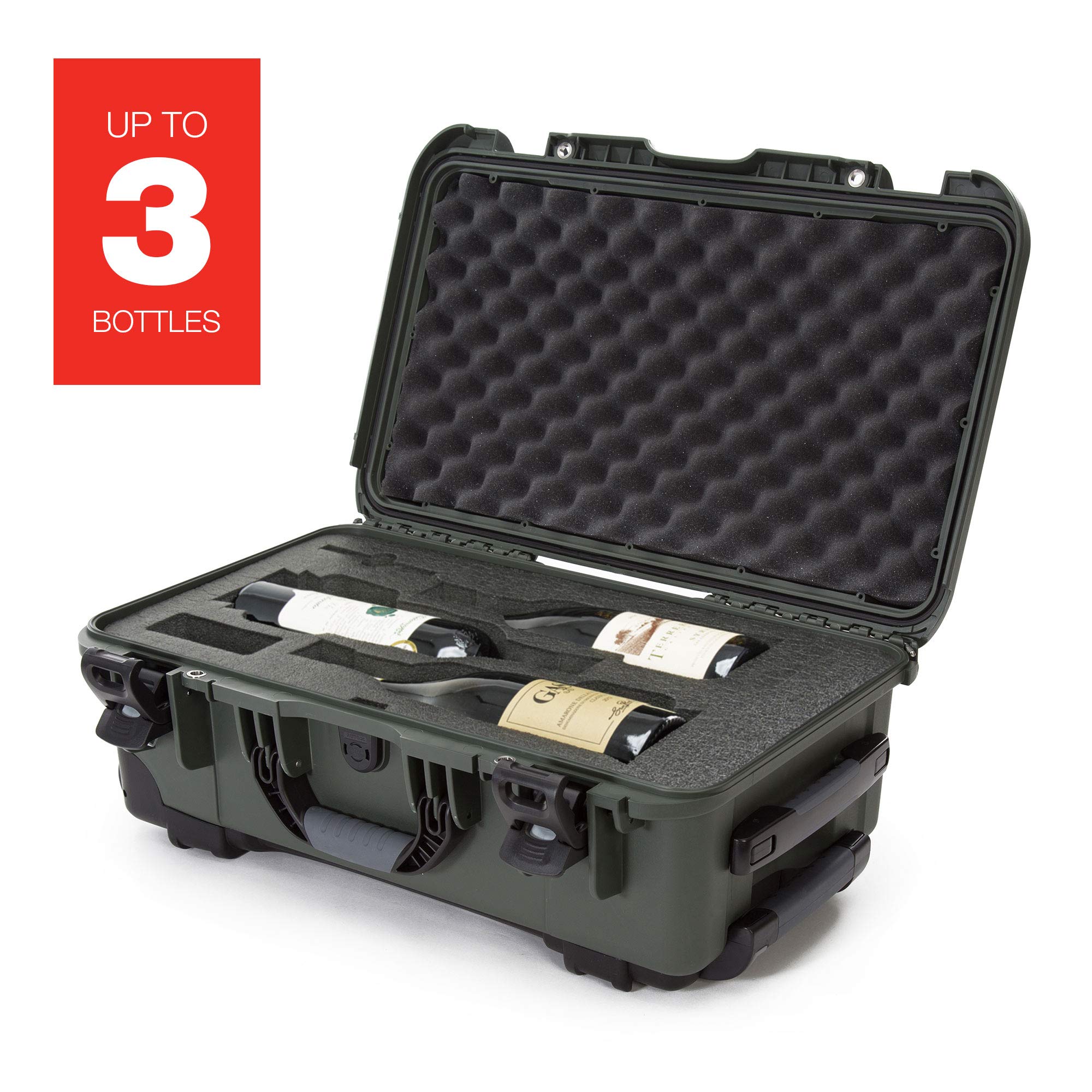 Protective Travel Case Nanuk 935 for 3 Bottles of Wine w/Wheels and Extendable Handle, TSA Approved - Olive (935-3BTLS6)