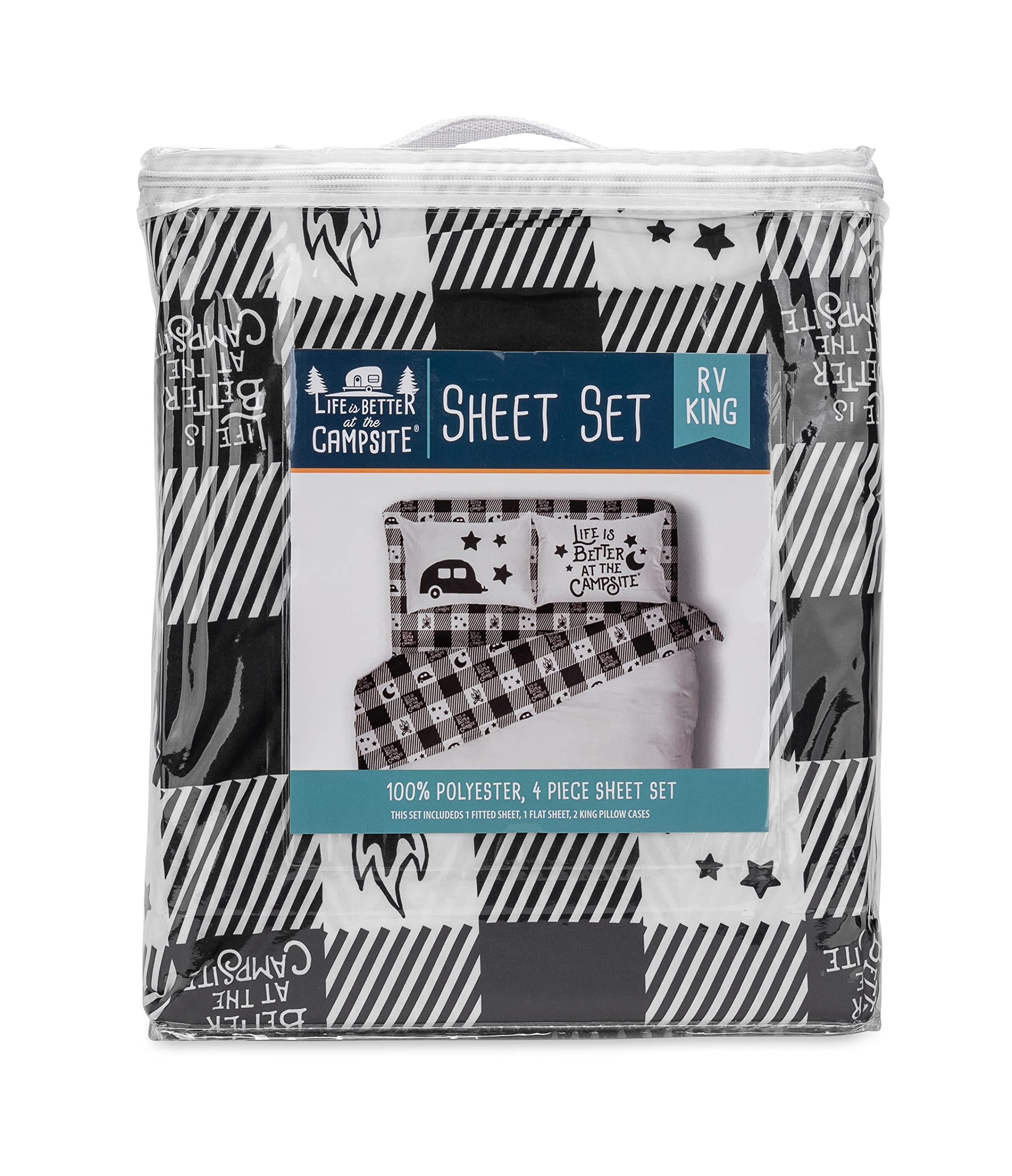 Camco RV King Sized Bed Sheet Set Life is Better at The Campsite | Features Camping Theme Design on Buffalo Plaid Pattern | Crafted of Soft Machine Washable Polyester | 4-Piece Set (53474)