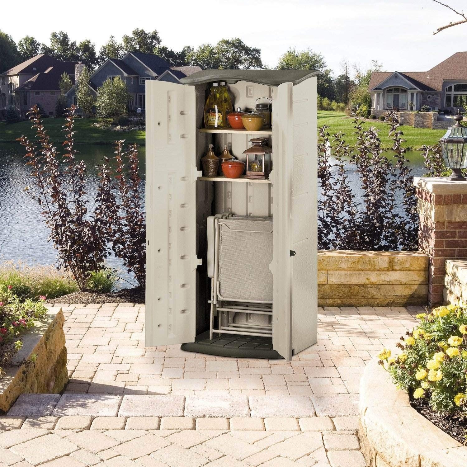 Rubbermaid Vertical Compact Resin Storage Shed With Floor (2 x 2.5 Ft), Weather Resistant, Beige/Brown, Organization for Home/Backyard/Garden Tools/Porch/Patio Cushions/Pool Chemicals/Toys