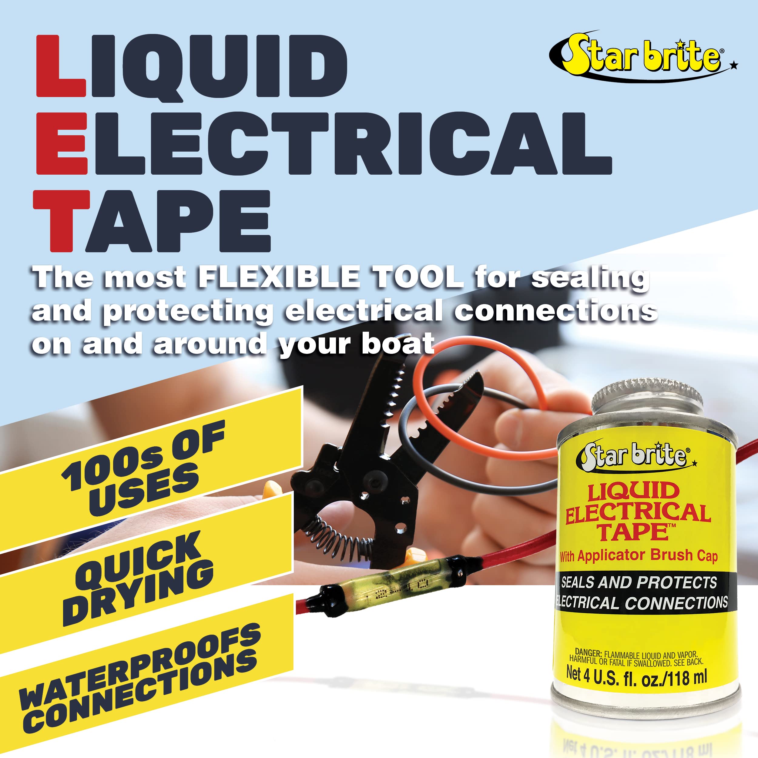 Liquid Electrical Tape STAR BRITE with Applicator Brush Cap - Superior Adhesion & Flexible Protection for Frayed Cables. Terminals & Electric Splices 4 OZ (084104B)
