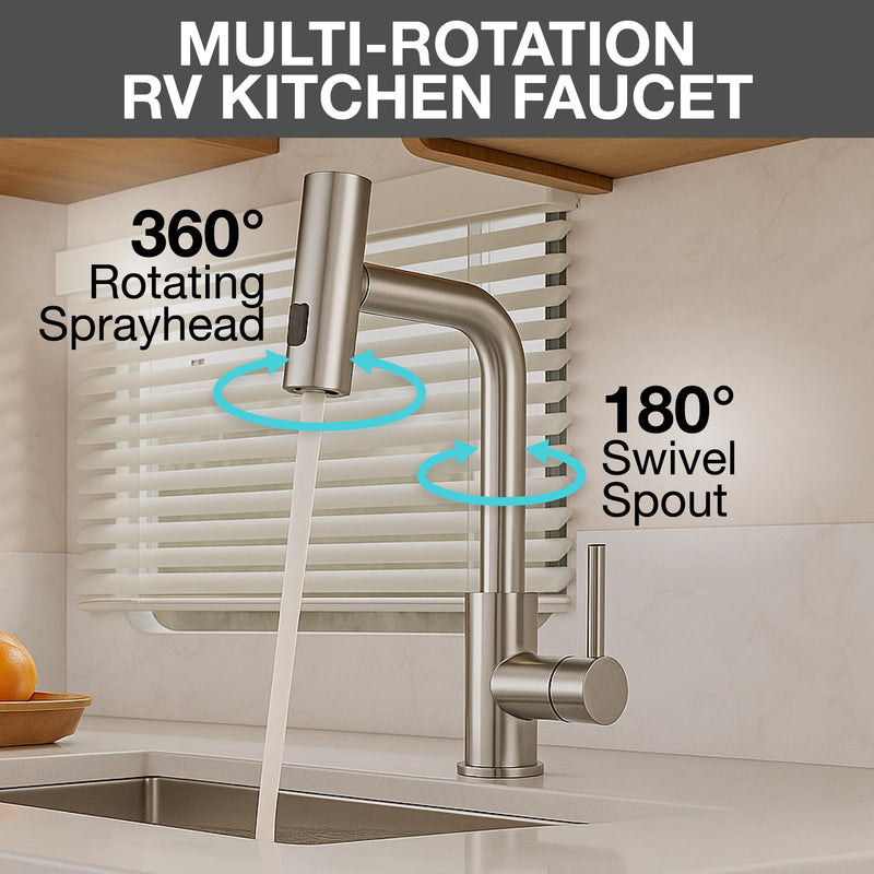 Dura Faucet Rainfall (DF-MK511X-SN) RV Kitchen Faucet – Satin Nickel, Dual-Mode Rotating Spray Head (Wide Waterfall & Stream), Single Lever Handle, Lead-Free, Easy Install Compact Sink Faucet