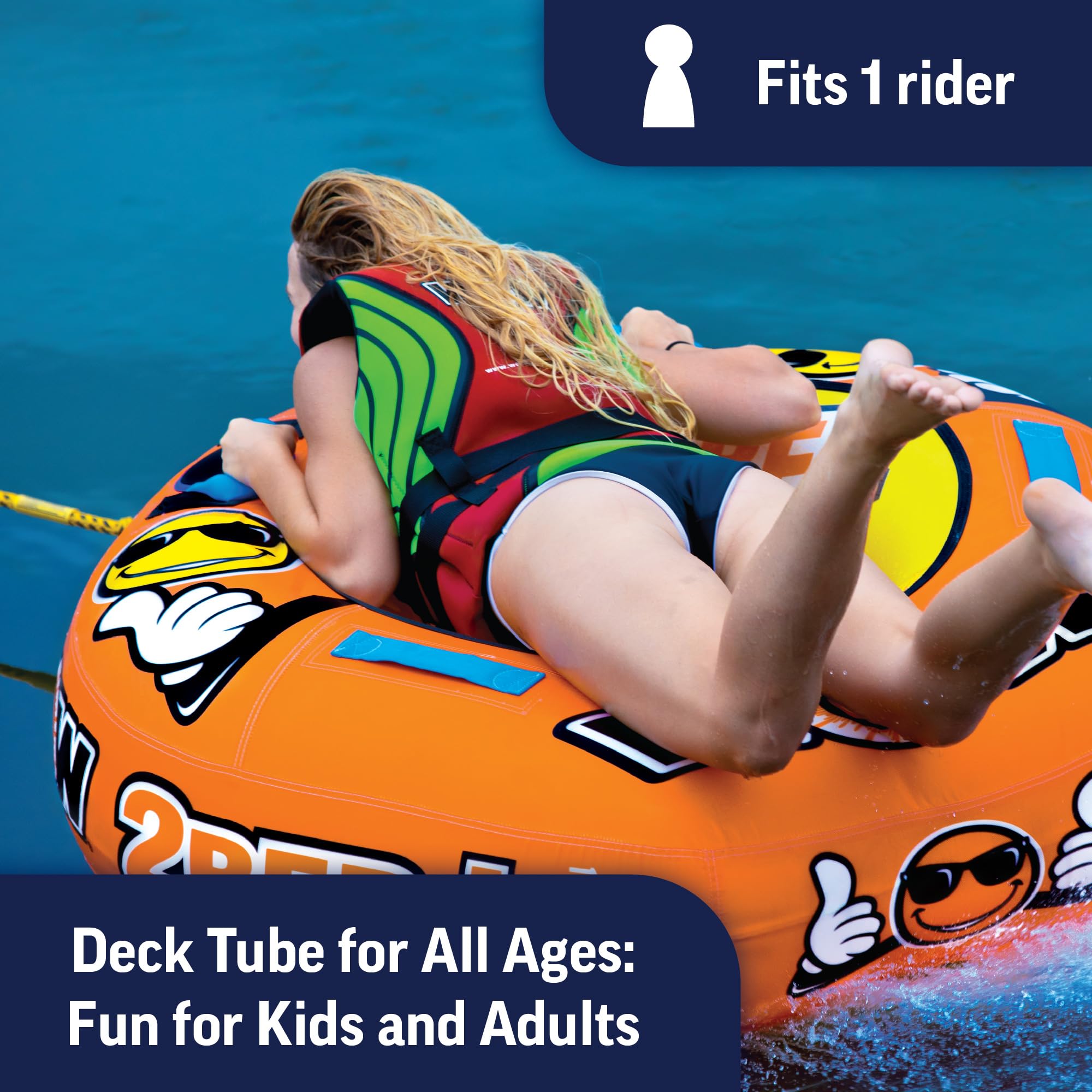 2Ber WOW Sports Fun Inflatable Towable Tube - Included 12V DC Pump & 1K 60' Tow Rope - Classic 1-Person Design - Perfect Boating Accessory