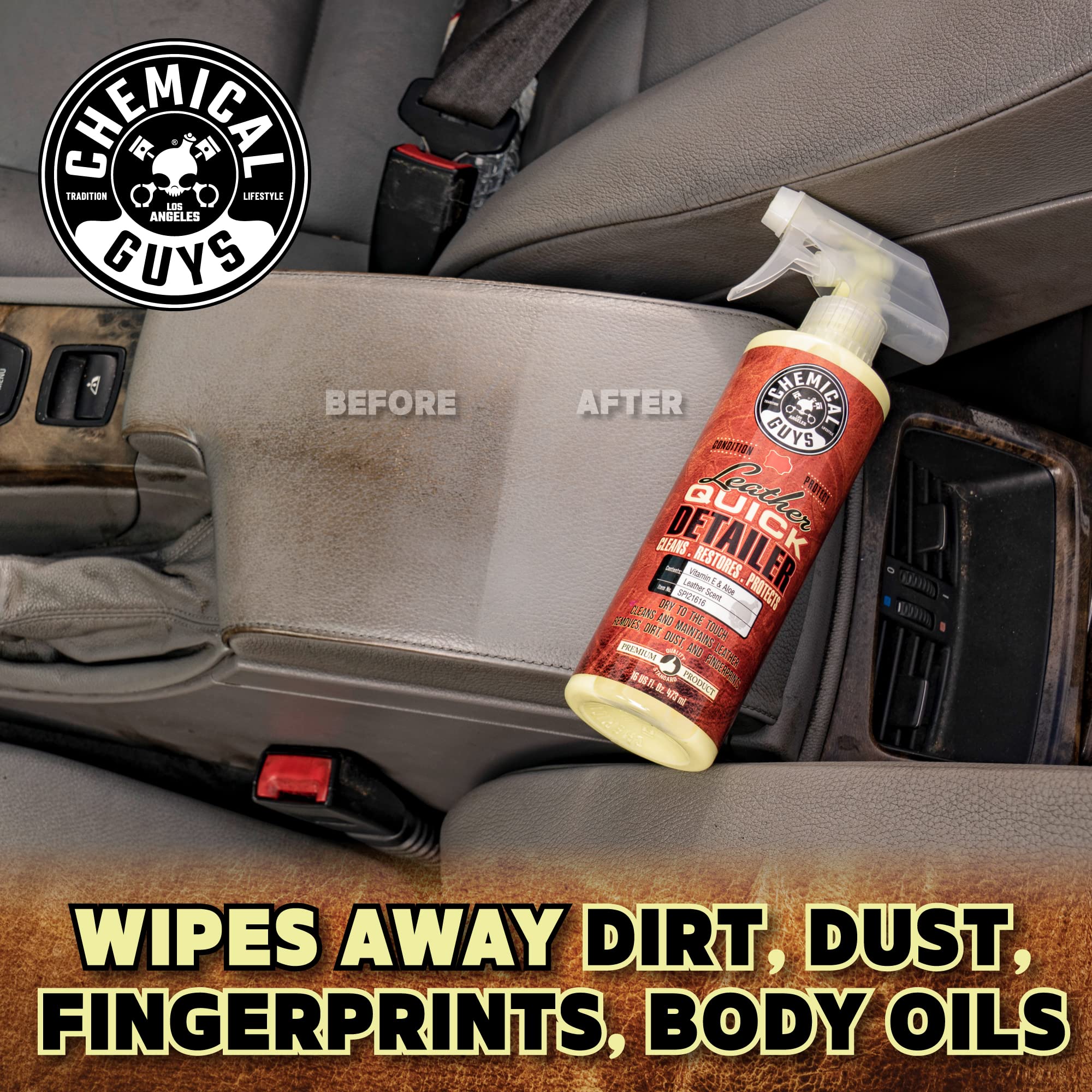 Leather Quick Detailer Chemical Guys - Interior Cleaner and Conditioner for Natural, Synthetic, Pleather, and More, Safe for Car Seats, Furniture, Apparel, Shoes & Boots, Leather Scented - 16 fl oz
