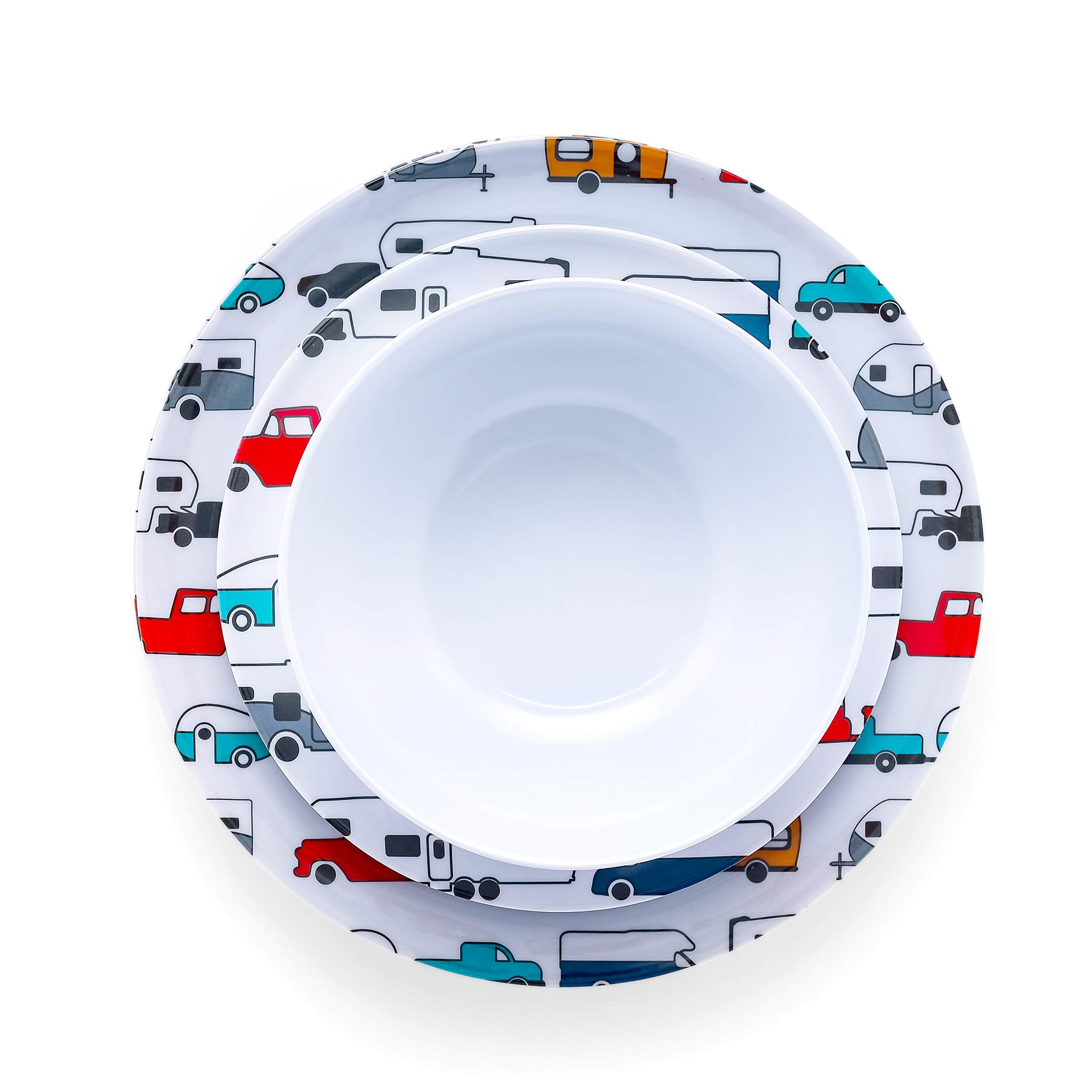 Camco Dishware Set Life is Better at the Campsite | Includes (4) large dinner plates, (4) small salad plates and (4) bowls | Top rack dishwasher safe | Multi-color RV and truck design (53295)