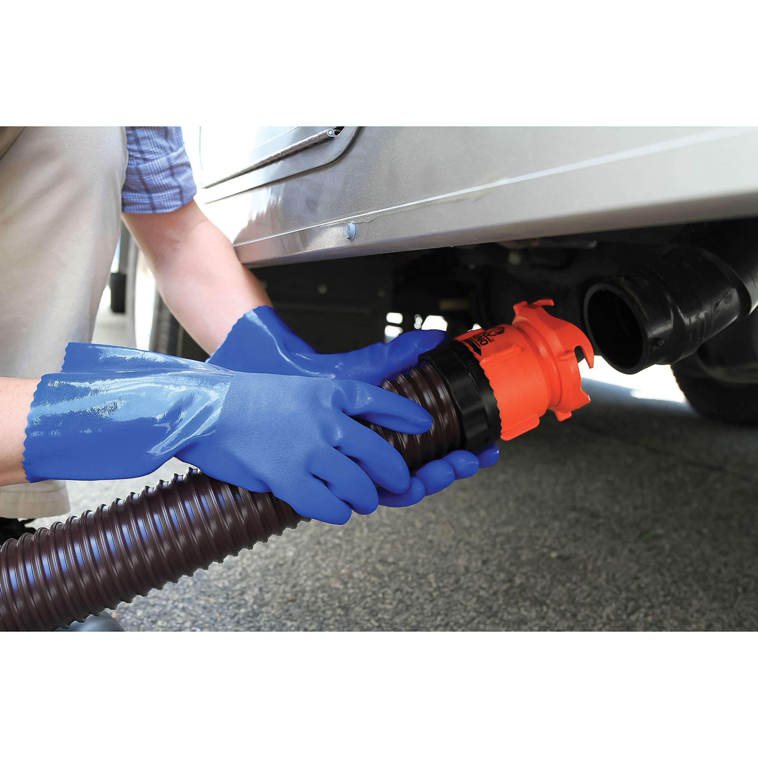 Camco All Purpose Durable RV and Camper Reusable Sanitation Gloves - Will Grip in Wet or Dry Conditions | Blue PVC Gloves - 1 Pair (40287)