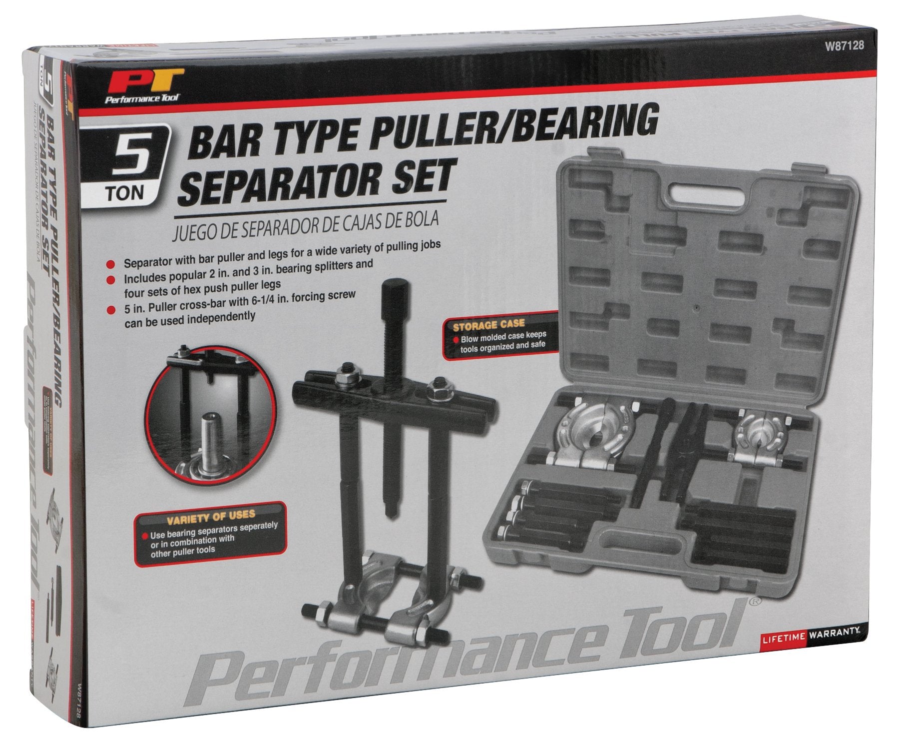 5-Ton Performance Tool W87128 Bearing Separator Kit with Bar Puller, 2-Inch and 3-Inch Splitters, Hex Push Puller Legs, and Storage Case for Pulling Jobs