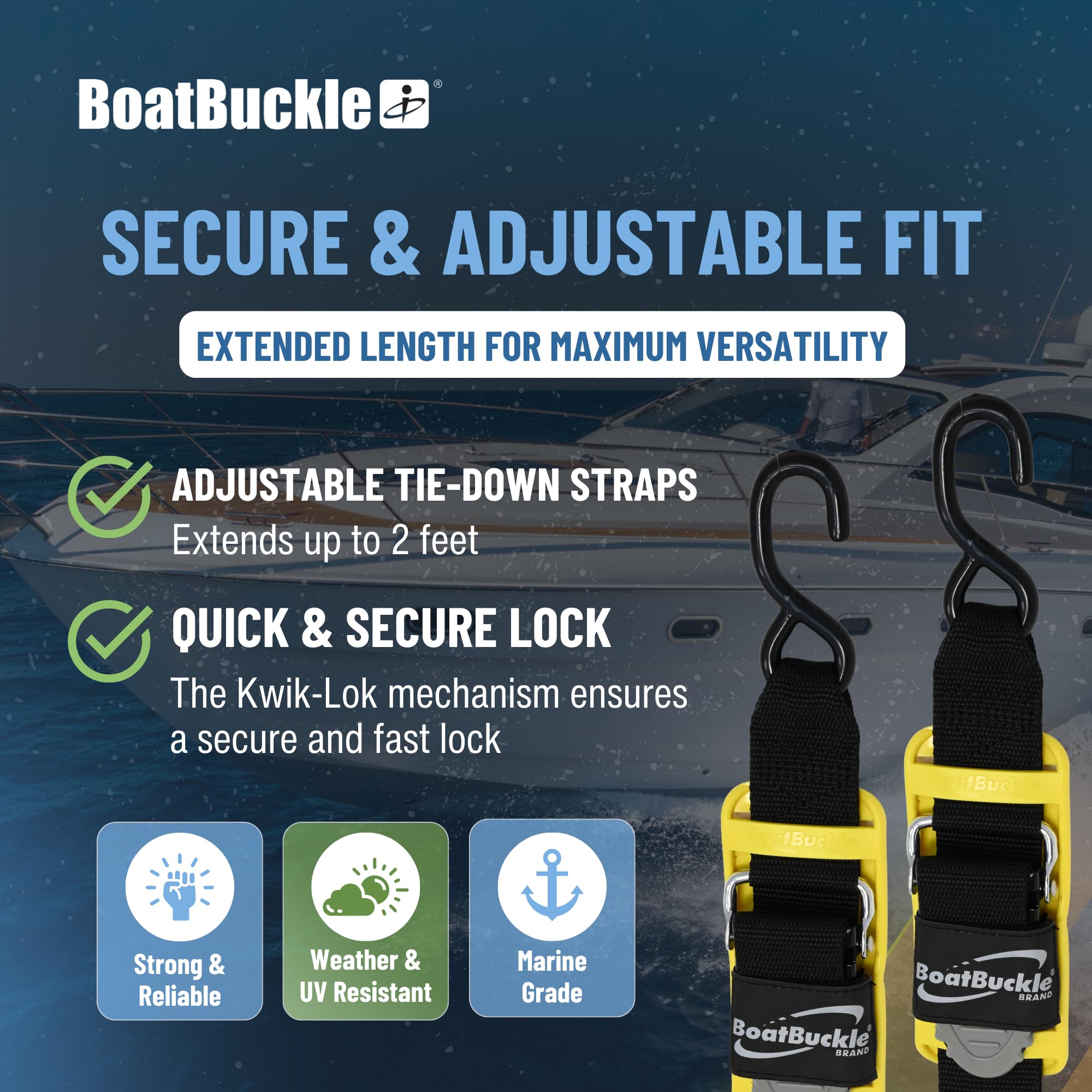 Kwik-Lok BoatBuckle Pro Series Transom Tie-Down (2-Inch x 2-Feet, Black), Pack of 2