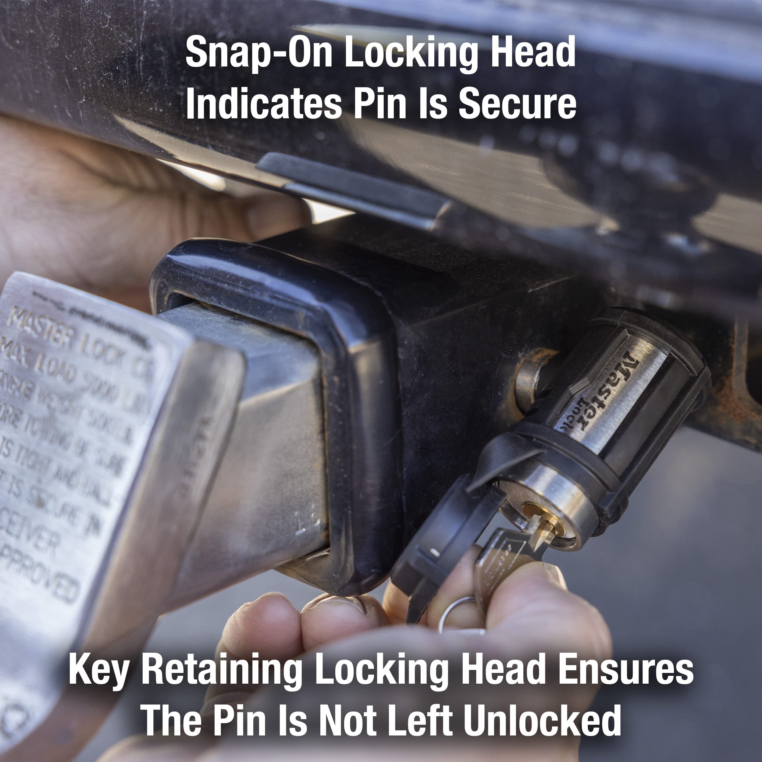 Master Lock 2866DAT Receiver Lock, 1/2 in. and 5/8 in. Swivel Head, Weather Resistant Trailer Coupler Locking Hitch Pin with Keys for Protecting Trailers, RVs