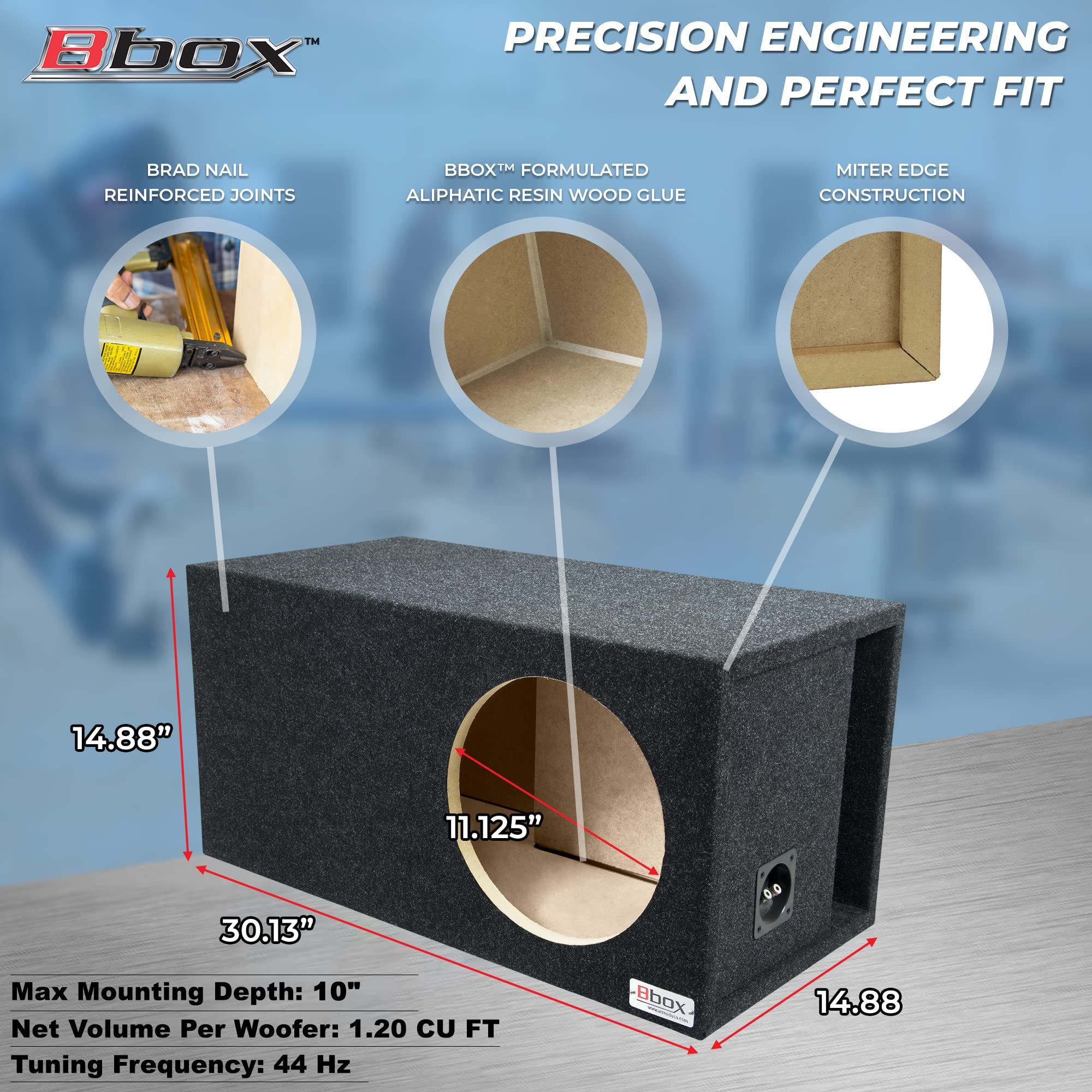 Atrend Single Vented 12 Inch Bbox Subwoofer Enclosure - SPL-Tuned Car Subwoofer Boxes & Enclosures - Premium Subwoofer Box Improves Audio Quality, Sound & Bass - Nickel Finish Terminals