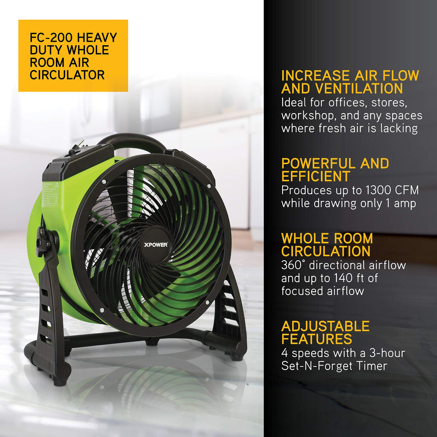 Heavy Duty XPOWER FC-200 High Velocity Whole Room Air Mover Air Circulator Utility Floor Fan, 4 Speeds, Timer, 13 inch, 1300 CFM