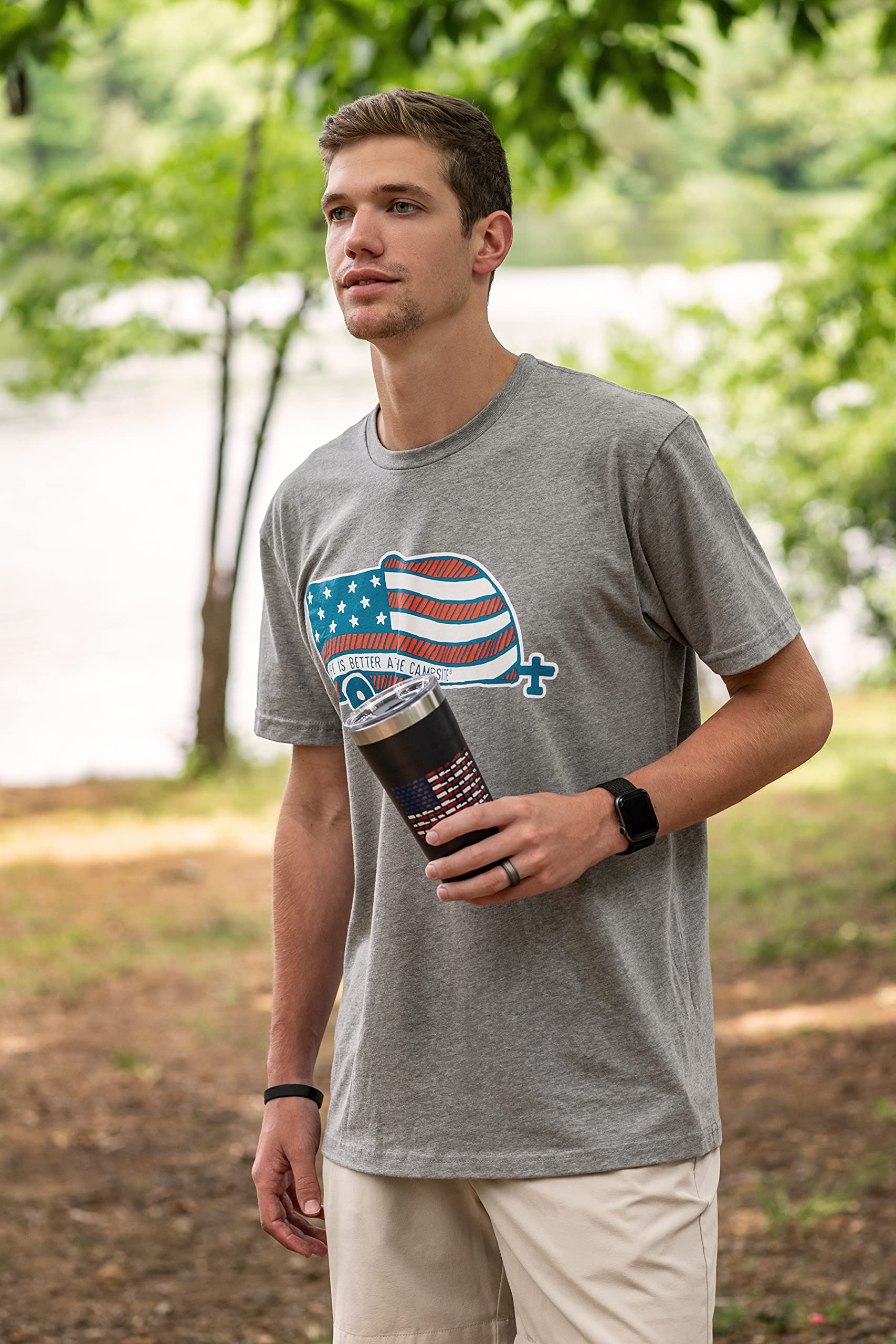 Camco Crew Neck Life is Better at The Campsite Short Sleeve T-Shirt | Features Soft Ring-Spun Cotton Fabric, American Flag Camper Design on Athletic Grey, and is Machine Washable | Small (53330)
