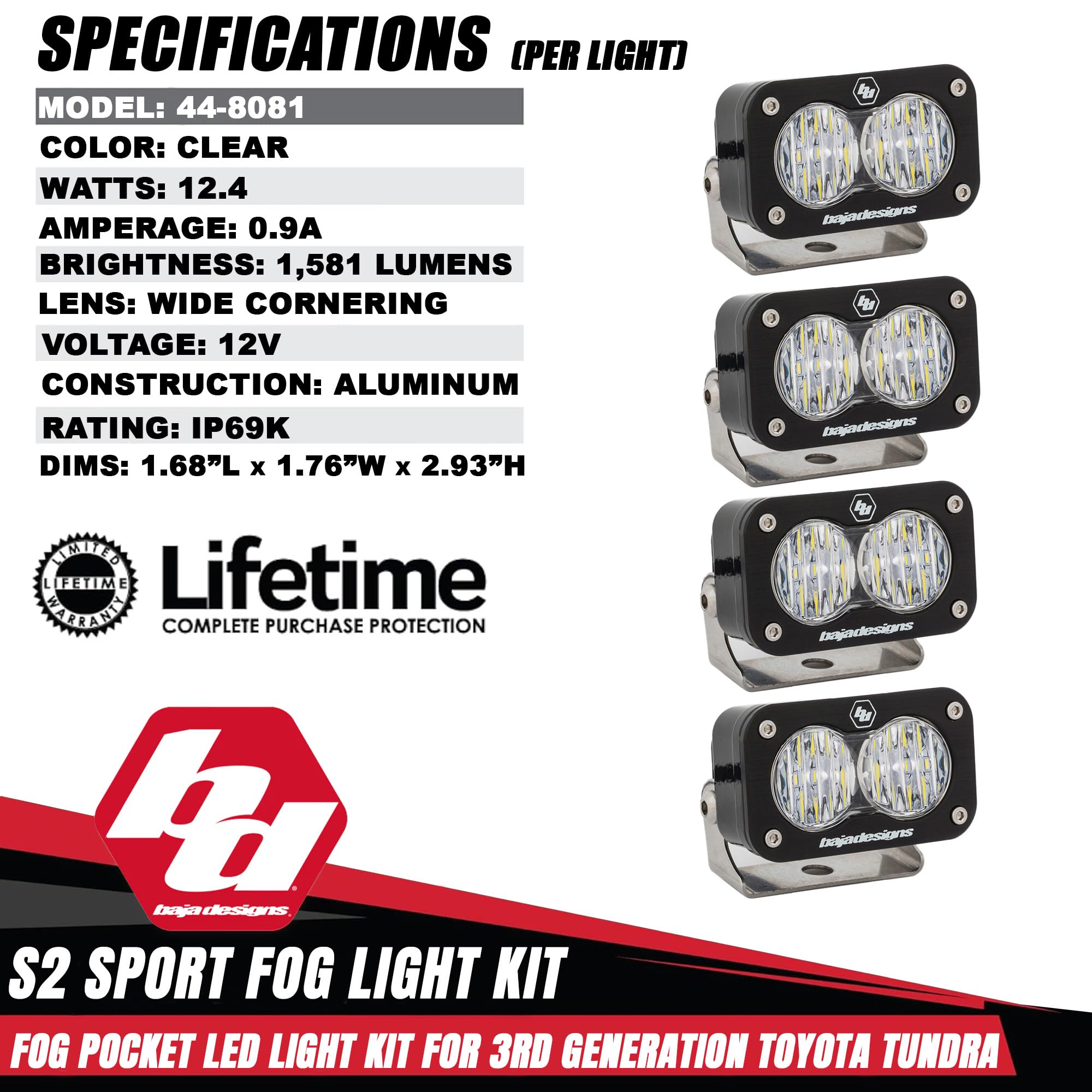 Baja Designs S2 Dual Sport LED Fog Pocket Light Kit for Toyota Tundra Truck - 4 PCS LED