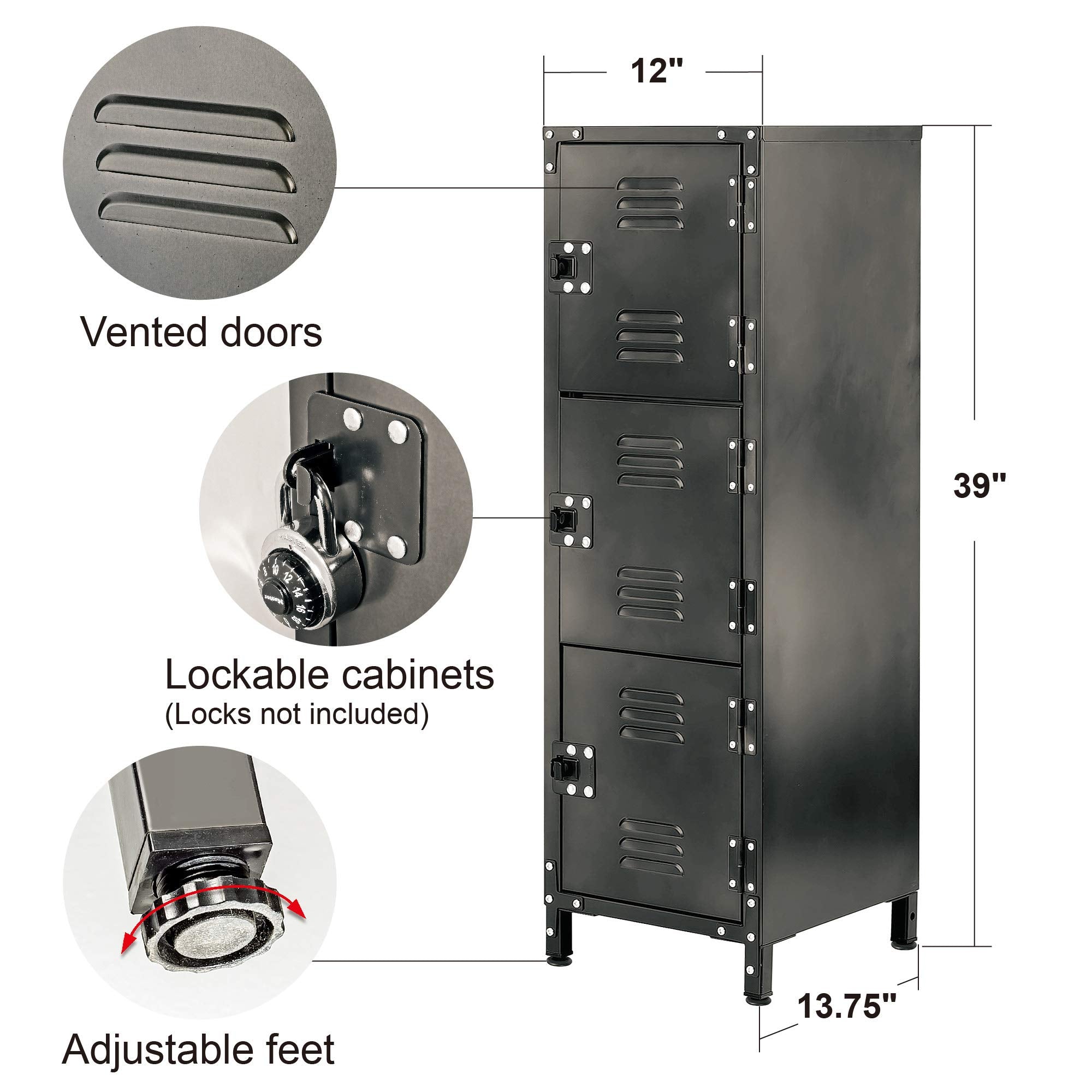 Metal Storage Locker Allspace, Slim Organizer Steel Cabinet, Lockable 3 Doors, 39" Height, Stackable for Home, Office, Gym, Kids Room-Grey 450112ET, Black