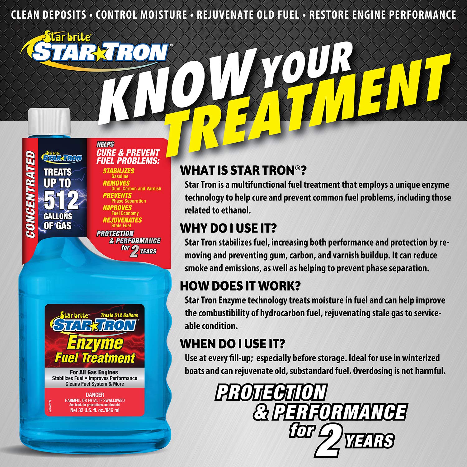 Star Tron Enzyme Fuel Treatment STAR BRITE - Concentrated Gas Formula - Treats 256 Gallons - 16 OZ (093016)