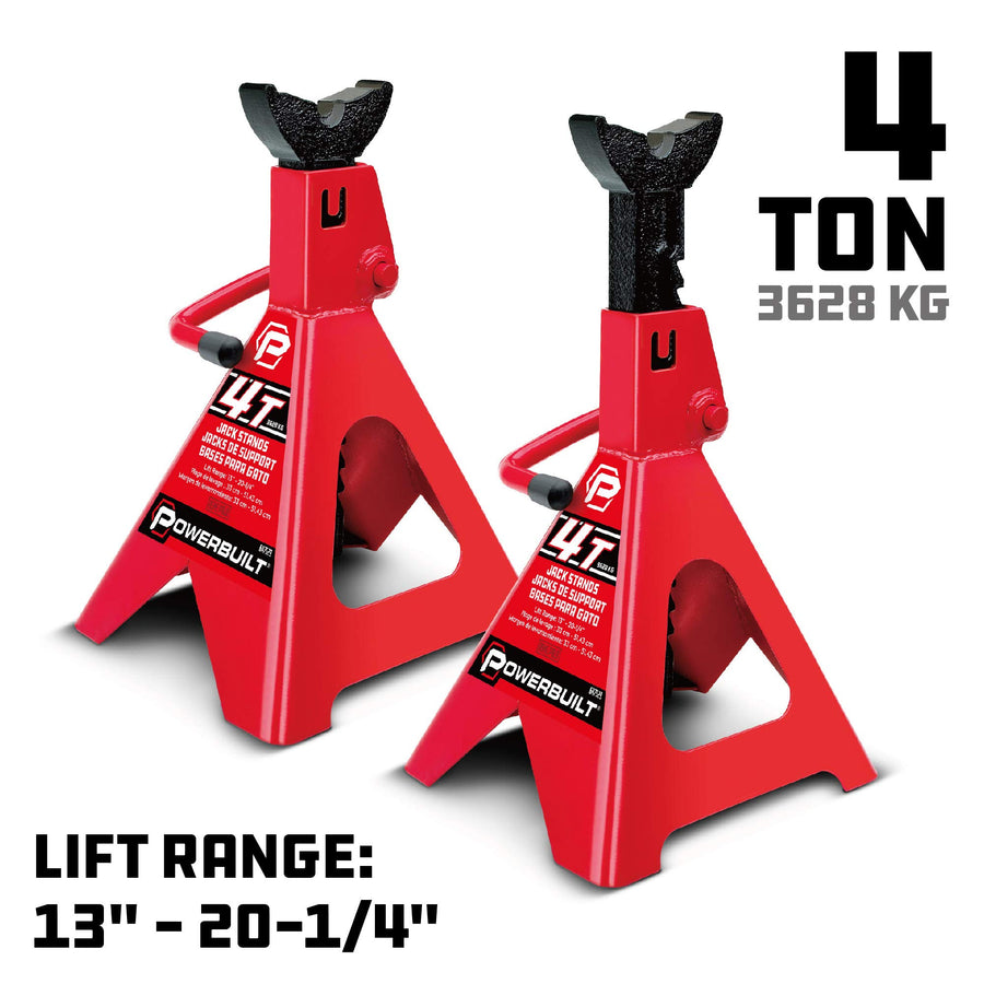4 Ton Powerbuilt Ratchet Jack Stands, Wide Stance Stability, Vehicle Car Lifting Range 13-Inches to 20-1/4-Inches (33cm-51cm), 1 Pair (2 Pack) - 647529
