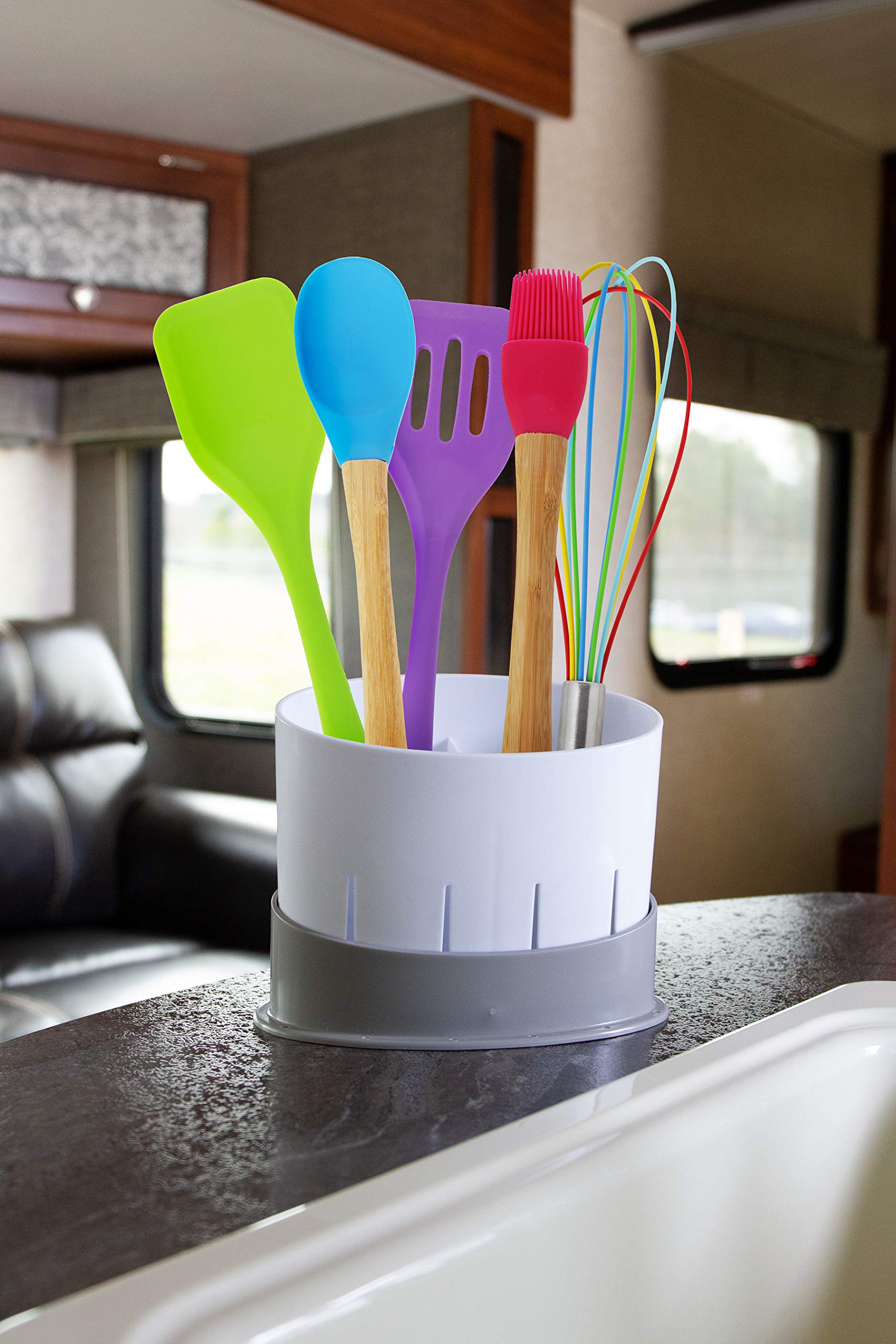 Camco Countertop 43513 Utensil Drainer - Perfect for Storing and Drying Eating Utensils, Sponges, Brushes and Soap - Includes A Perforated Drainer and Base to Keep Countertops Dry