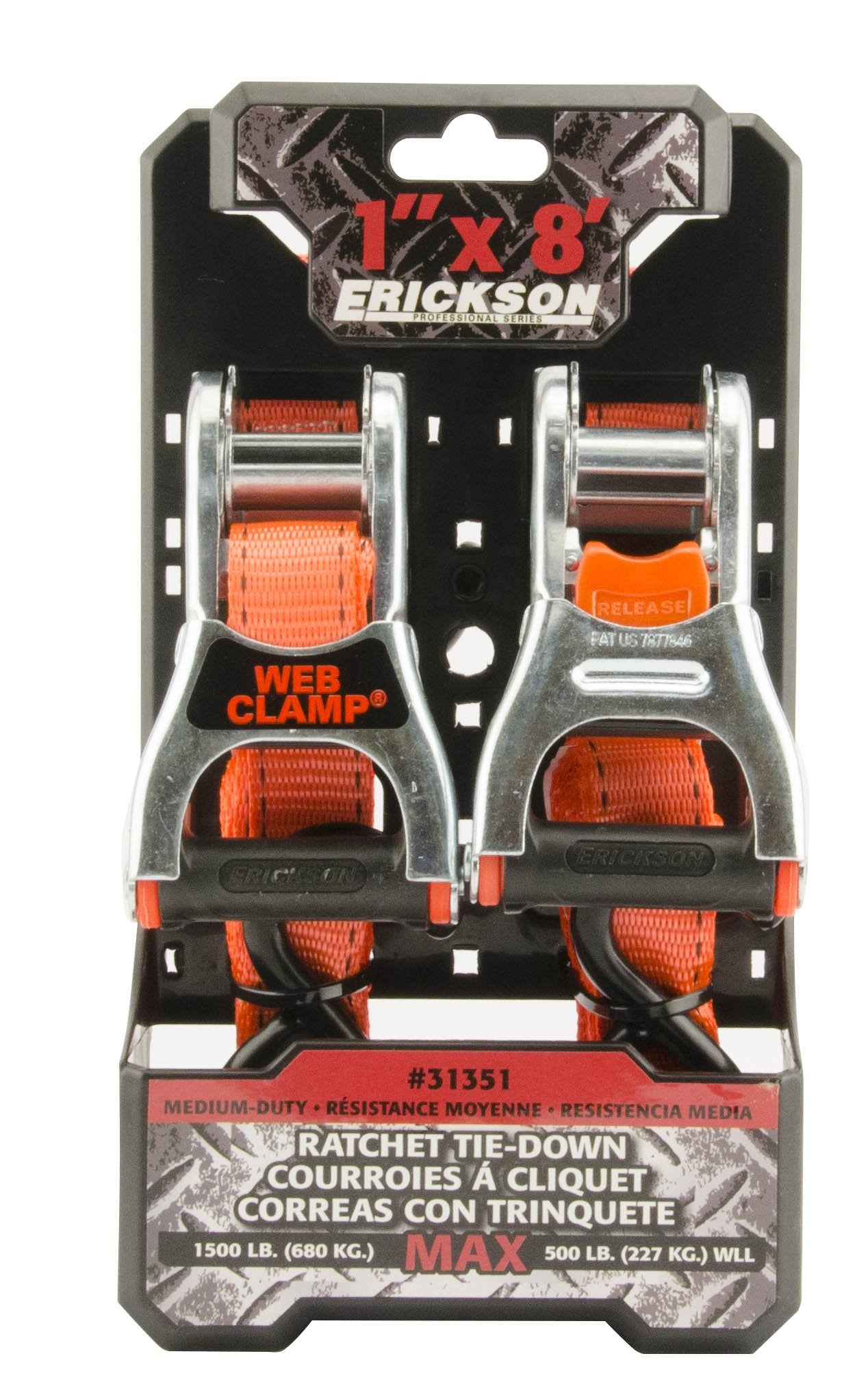 1" X 15' Web Clamp Ratchet Tie-Down Erickson, Pack of 2, 1500 lb. Load Capacity