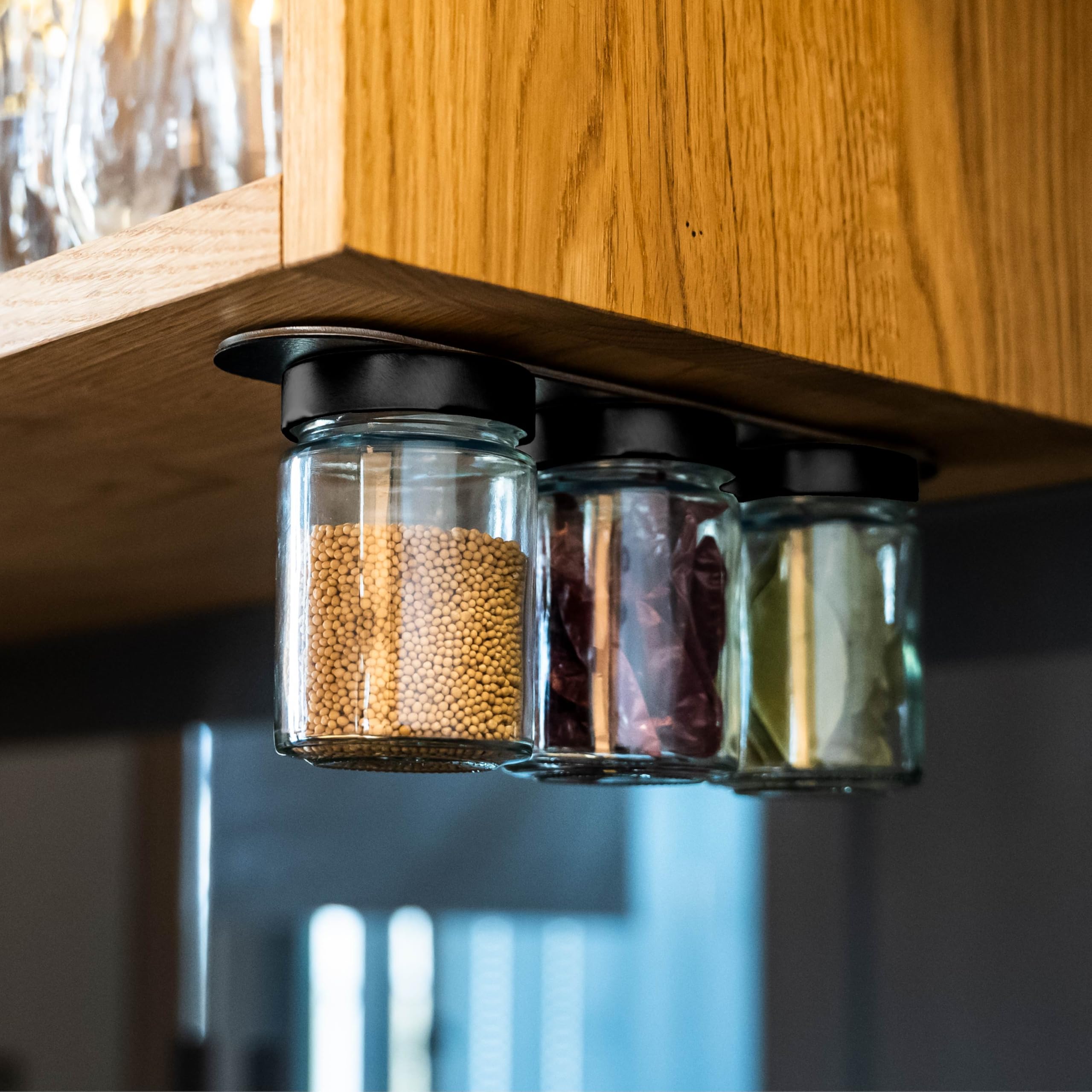 Classy silwy® Delicatessen Magnetic Glasses (Set of 3, 192 ml) with Integrated Magnets, Black Metal Strip & Space-Saving Overhead Storage
