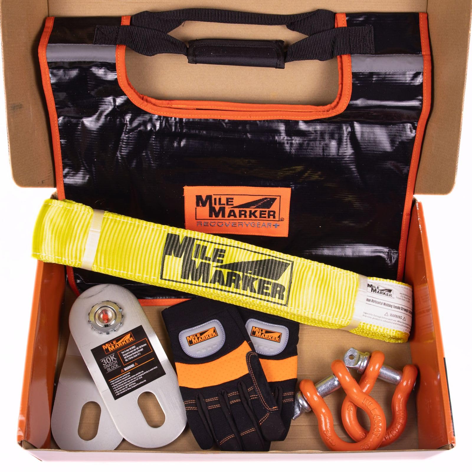 Off Road Recovery Kit Mile Marker 19-00100 - Includes Winch Dampener Bag, 15' Recovery Strap, 1 Pair of Large Gloves, 30K Snatch Block with Grease Fitting & 2 3/4" Powder Coated Shackles