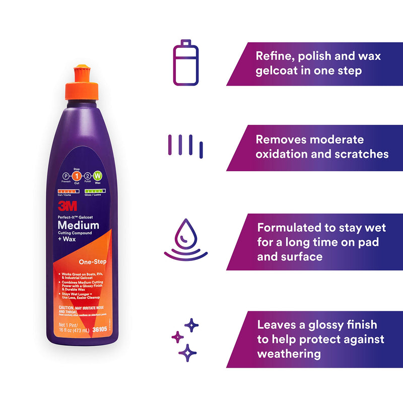 3M Perfect-It Medium Cutting Compound Gelcoat + Wax, 36105, 1 Pint, One-Step Process, P1500 and Finer Scratches, Fiberglass Oxidation Remover for Boats and RVs, White