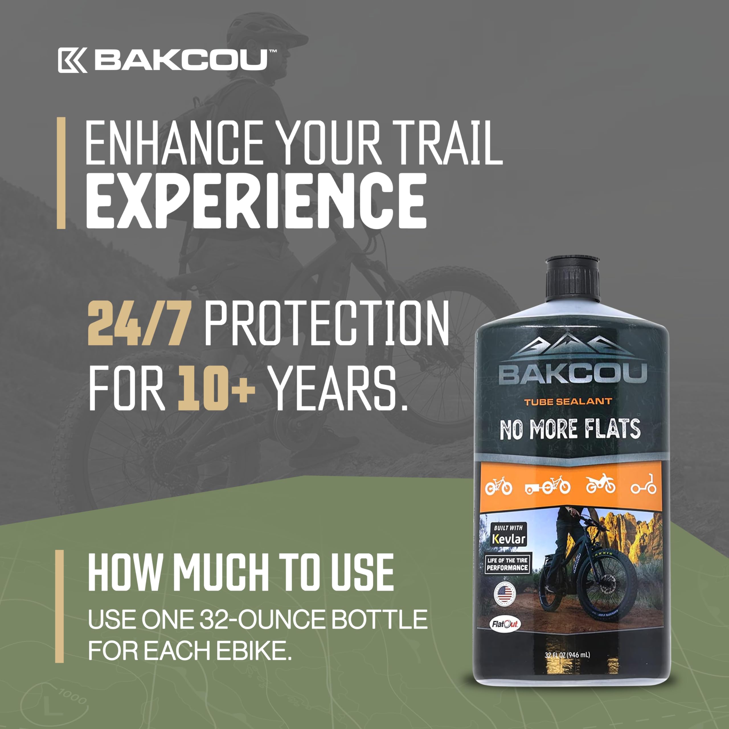 Flat Out - Bakcou Ultimate Off-Road eBike with Bicycle Sealant for Tire Repair, Prevents Flats, Seals Leaks, Engineered for Tough Conditions