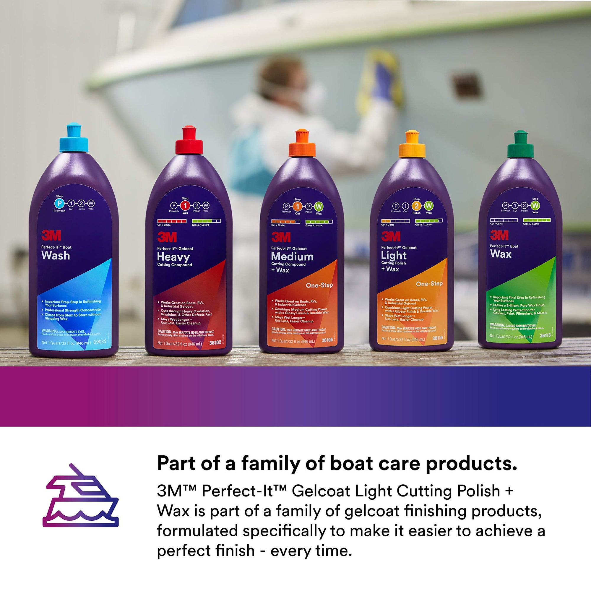 3M Perfect-It Light Cutting Gelcoat Polish + Wax, 36110, 1 Quart, One-Step Process, Removes Scratches and Swirls, Light Oxidation Remover for Boats and RVs