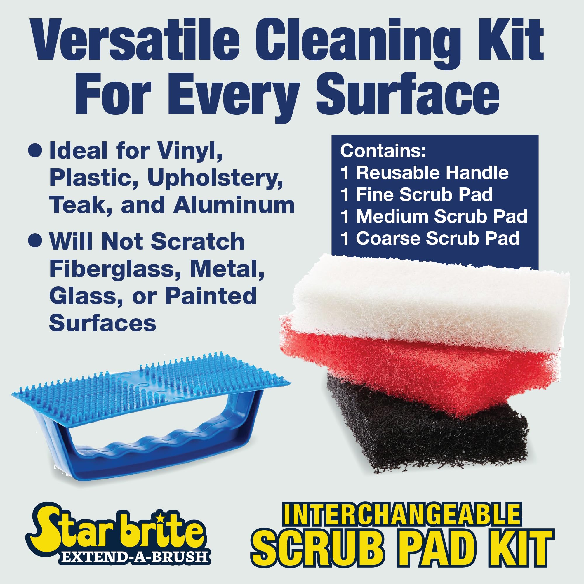 Scrub Pad Kit STAR BRITE - 3 Different Textured Scouring Pads & Interchangeable Handle (040023PW)