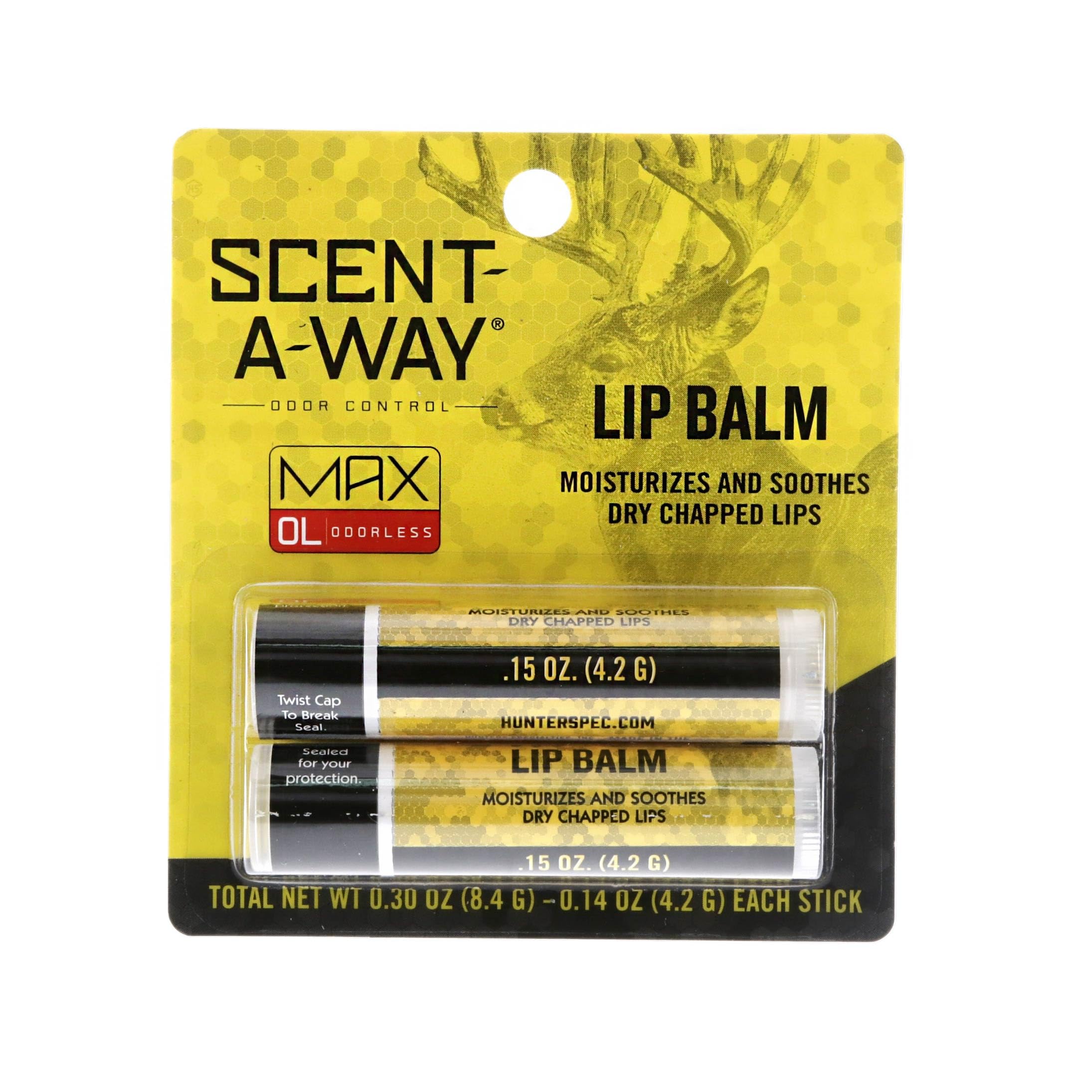 Scent-A-Way MAX Hunters Specialties Odorless Lip Balm, 2 Pack - SPF 30 Sunscreen Protection Long-Lasting Moisturizer for Dry Chapped Lips for Trappers, Anglers, and Campers