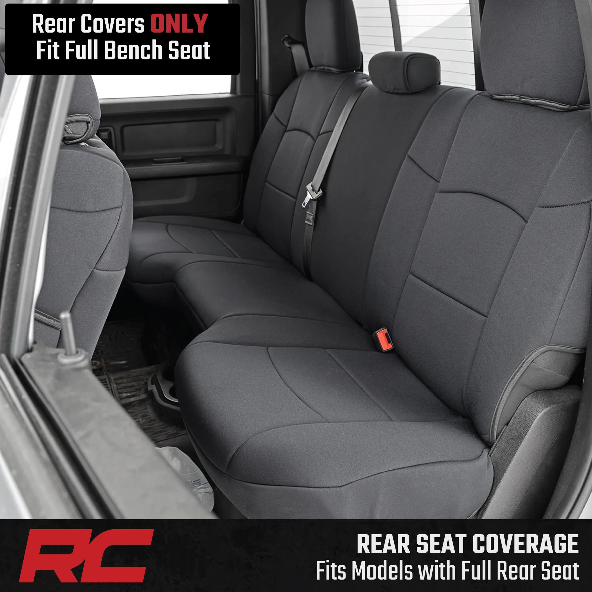 Rough Country Seat Covers Neoprene for Dodge Ram (2019-2024) - UV & Water Resistant, Foam Padded Truck Seat Covers - Full Set, Black, Front & Rear