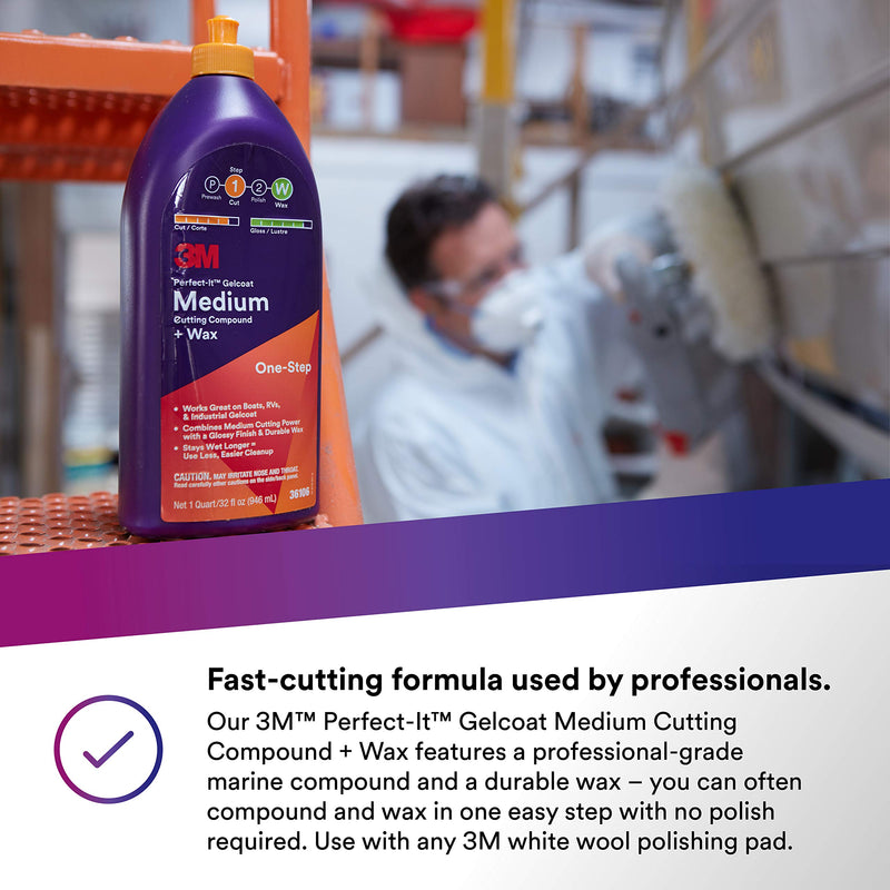 3M Perfect-It Medium Cutting Compound Gelcoat + Wax, 36106, 1 Quart, One-Step Process, P1500 and Finer Scratches, Fiberglass Oxidation Remover for Boats and RVs