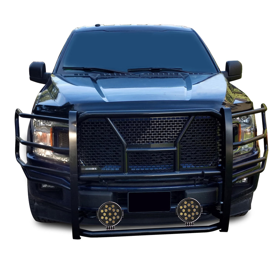 Heavy Duty Black Horse RUGGED Grille Brush Bumper Guard Modular Black Come With pair of 7.0"Dia.LED Lights with Black Trim Rings Compatible with 2015-2020 Ford F-150-RU-FOF115-B-PLB