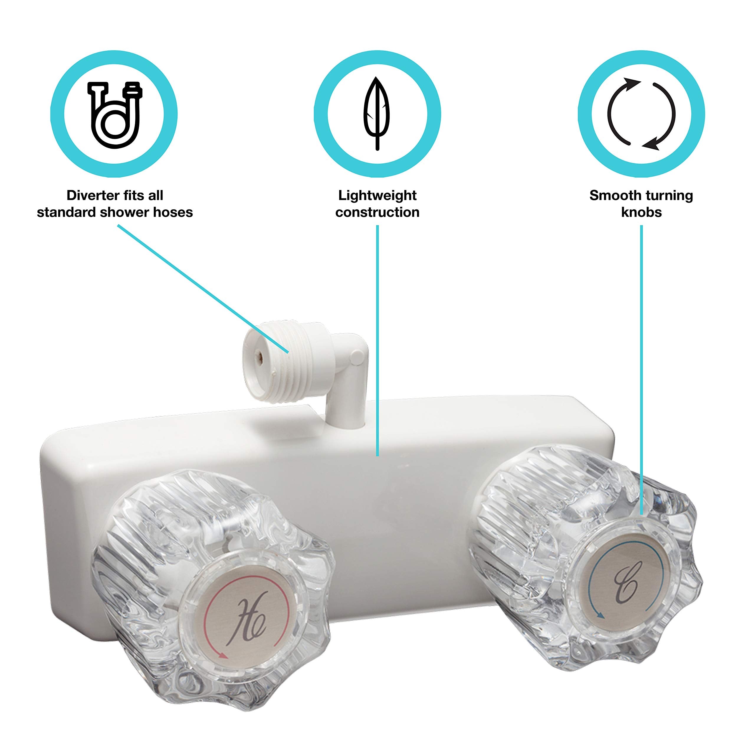 Dura Faucet RV Shower Faucet DF-SA100A1-WT Valve Diverter with 2-Knobs for Exterior Shower Boxes (White)