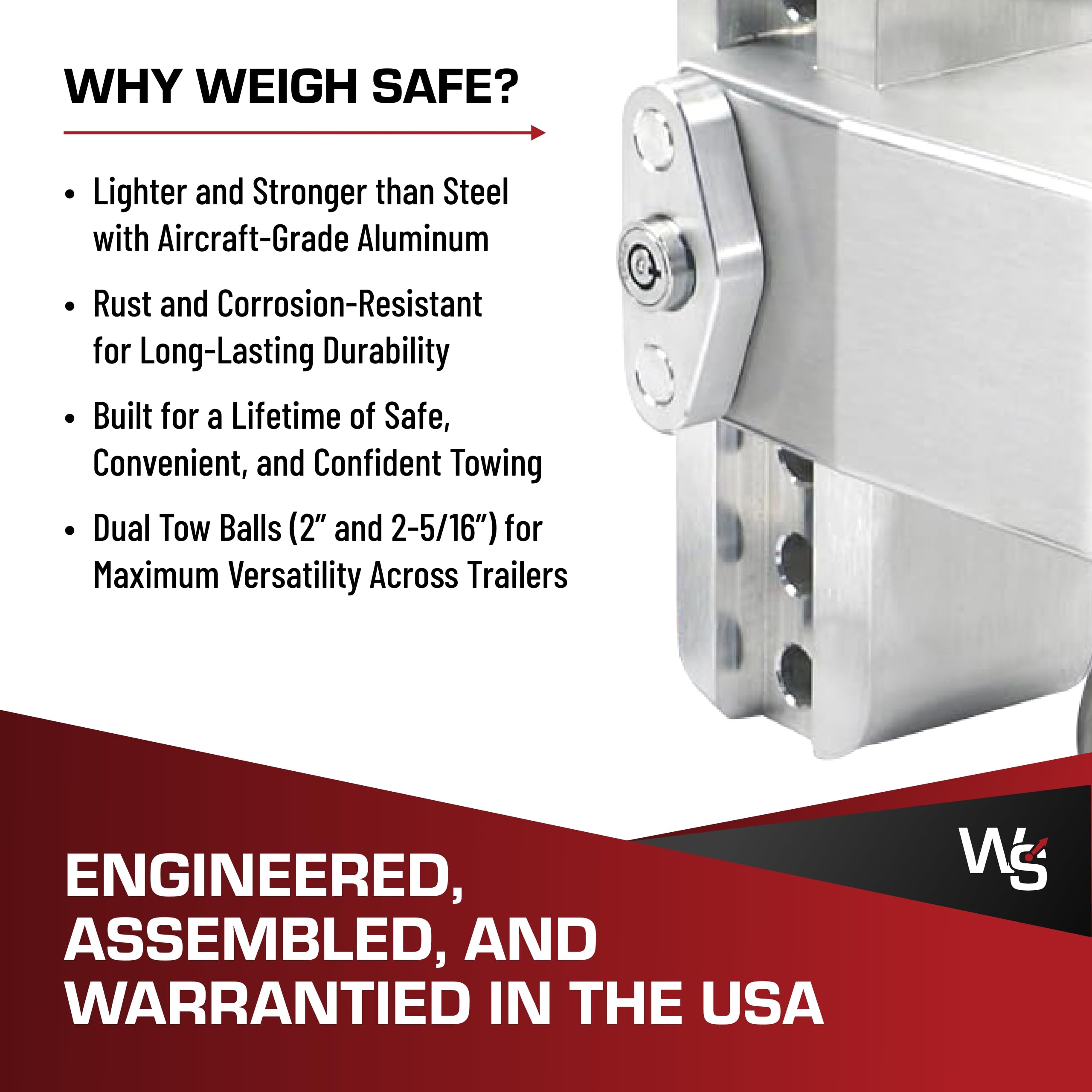 180-Degree Weigh Safe Trailer Hitch - Adjustable Trailer Hitch for Towing - Compatible with 3" Receivers - 10" Drop, Stainless Steel Tow Balls, 21,000 GTW, 1-Piece Lock Set