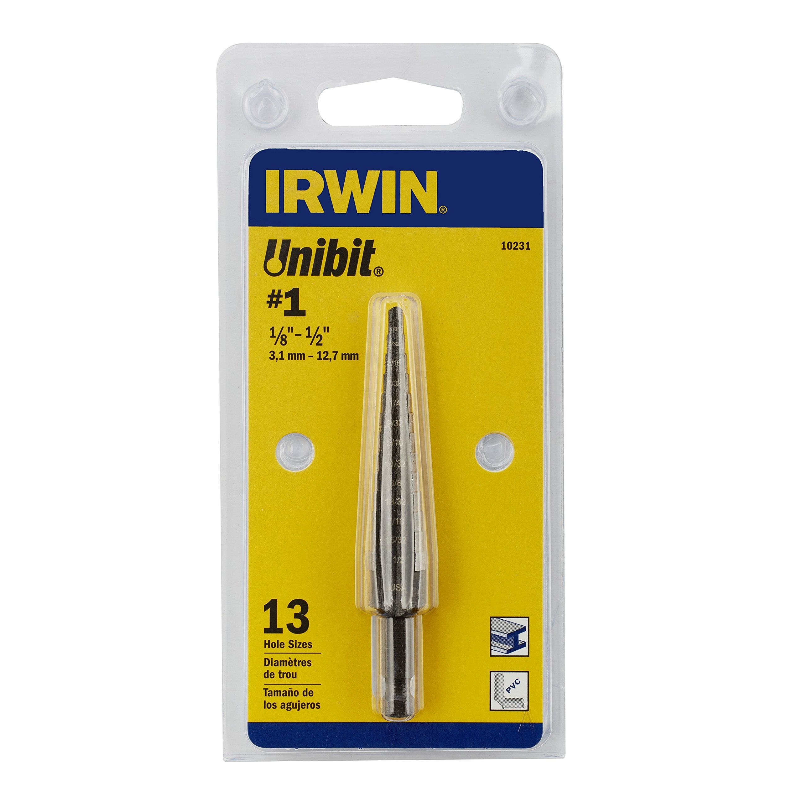 Irwin Tools Step Drill Bit IRWIN, 1/8-Inch to 1/2-Inch Step, 1/4-Inch Shank (10231) Silver|Silver metallic