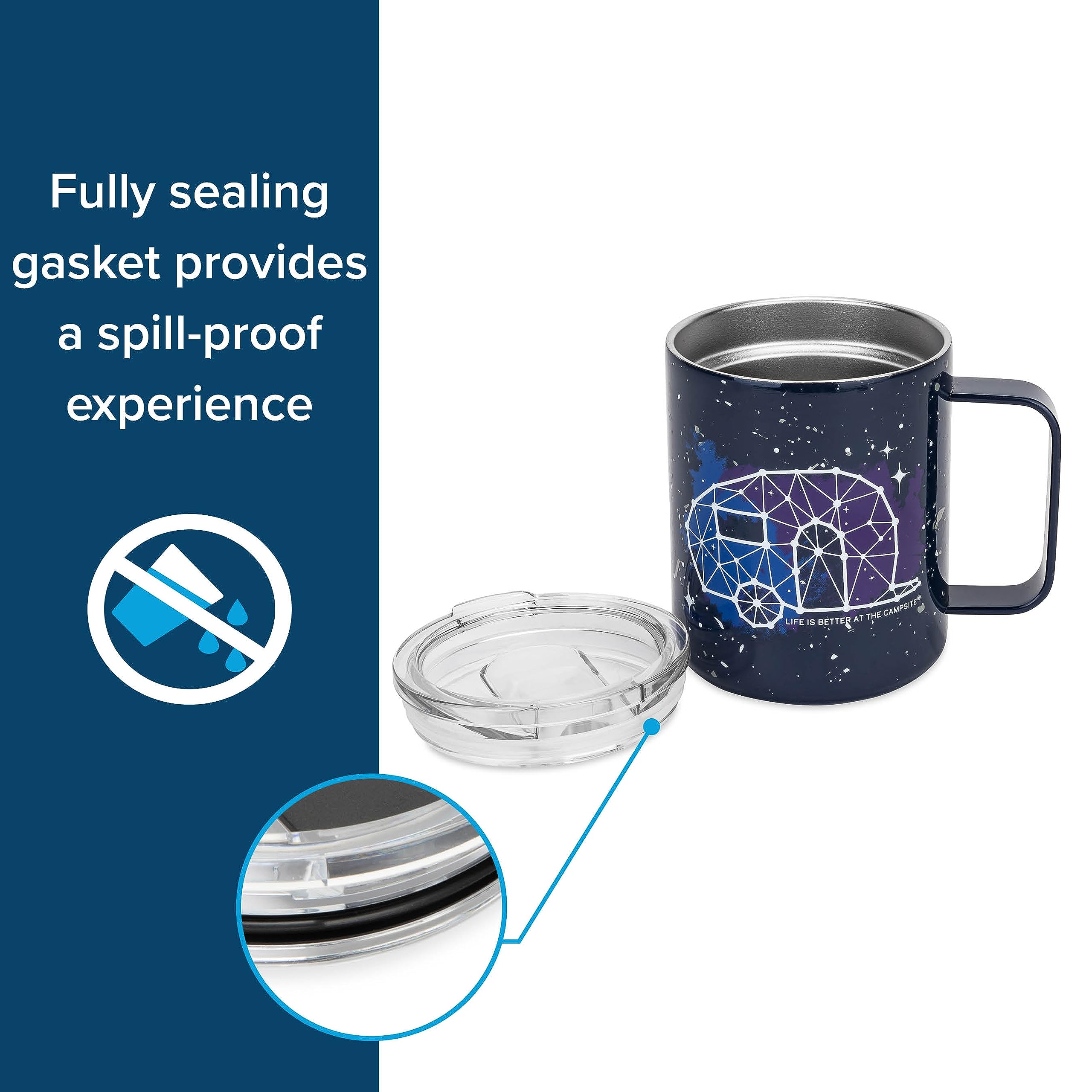 Stainless Steel Coffee Mug Camco Life is Better at The Campsite - Microwave & Dishwasher Safe - Features Double Wall Vacuum Insulation & RV Constellation Design - Holds 14oz. (53310)