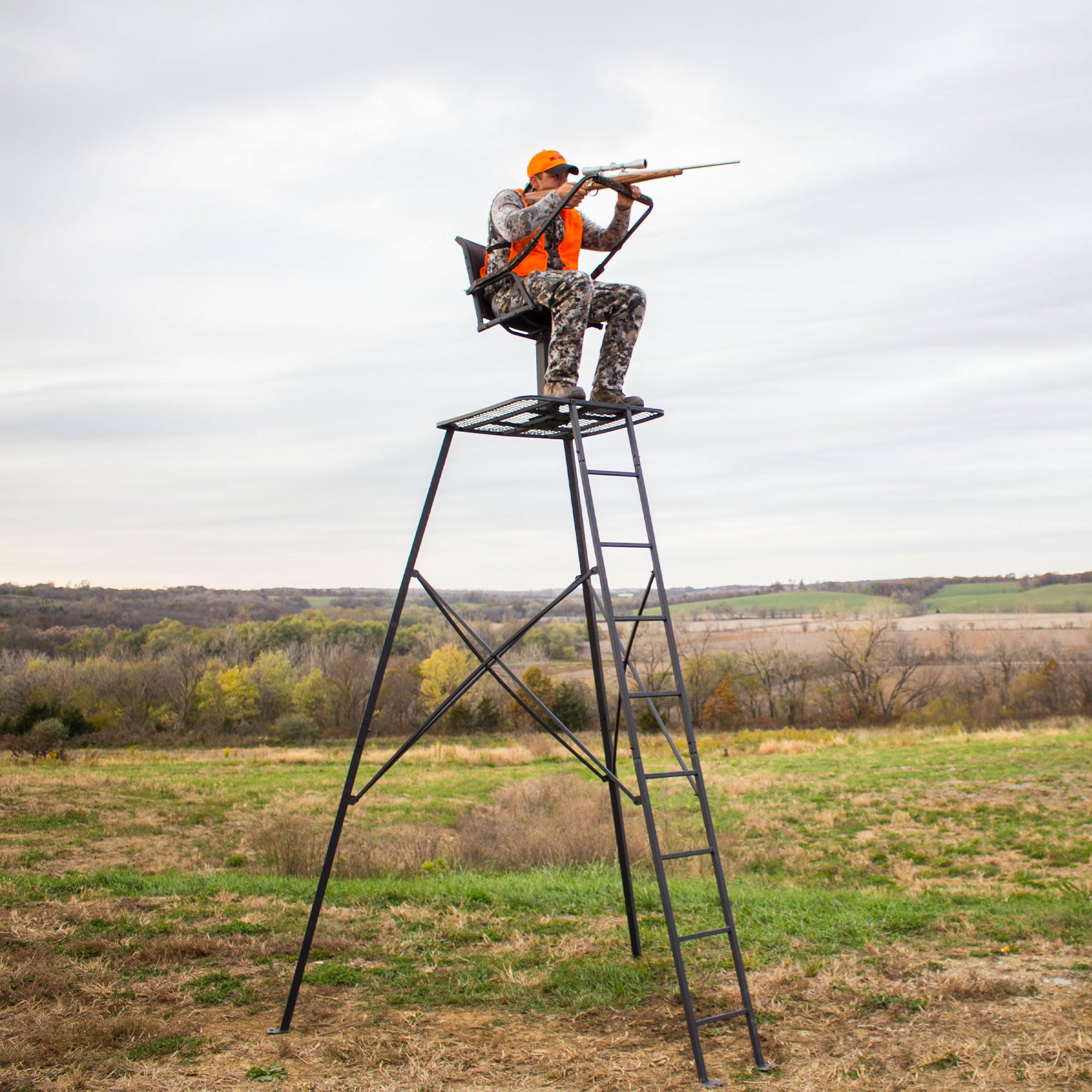 The Defender Big Game Tripod Stand, 1 Person Deer Hunting Climbing Ladder with Rotating Flex-Tek Seat and Shooting Rail, 12.5'