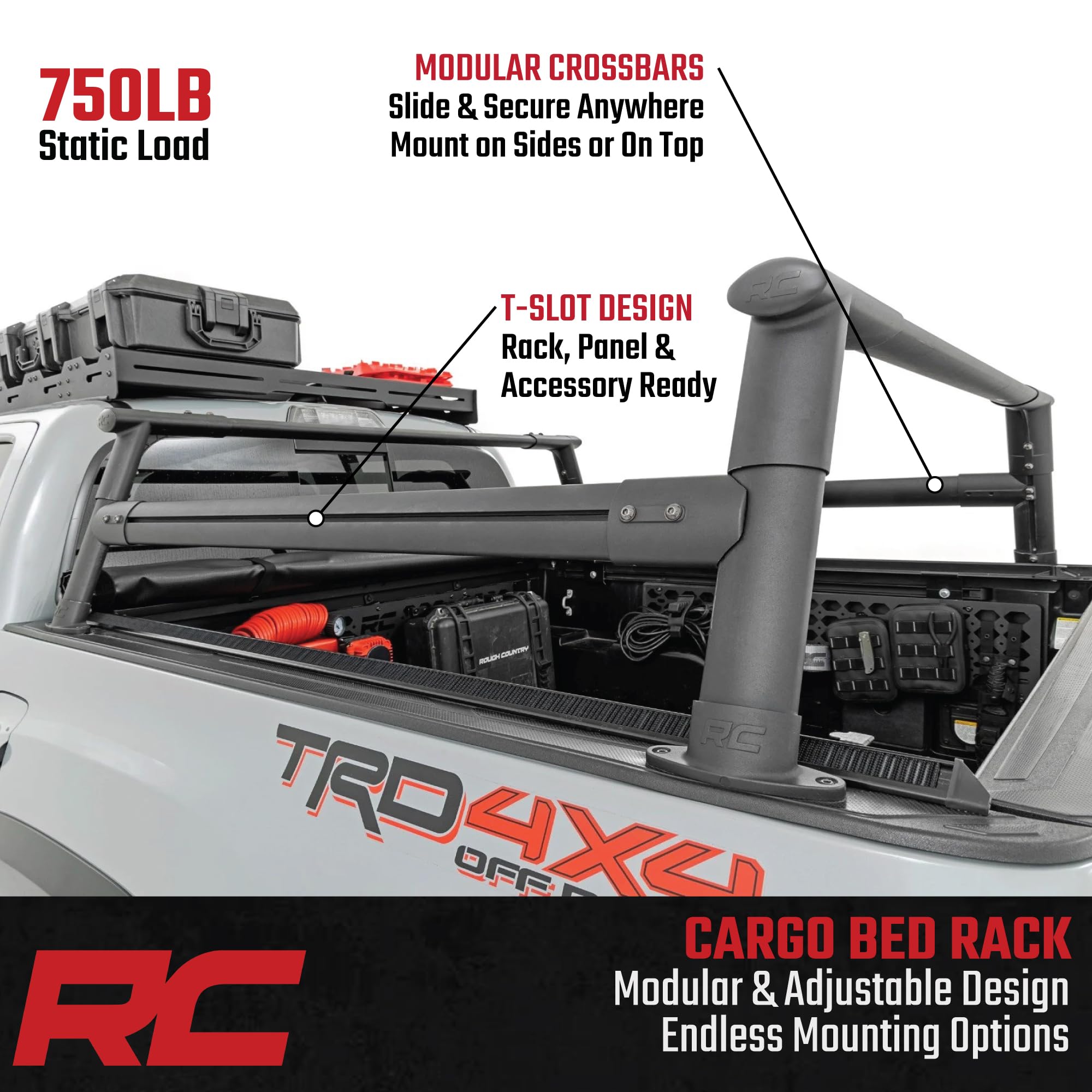 Rough Country Bed Rack Aluminum for 2005-2022 Toyota Tacoma - 73109,Black