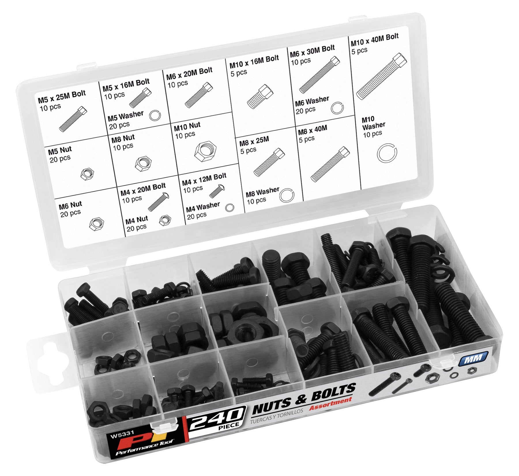 240pc Performance Tool W5331 Nuts and Bolts Assortment With Case Metric