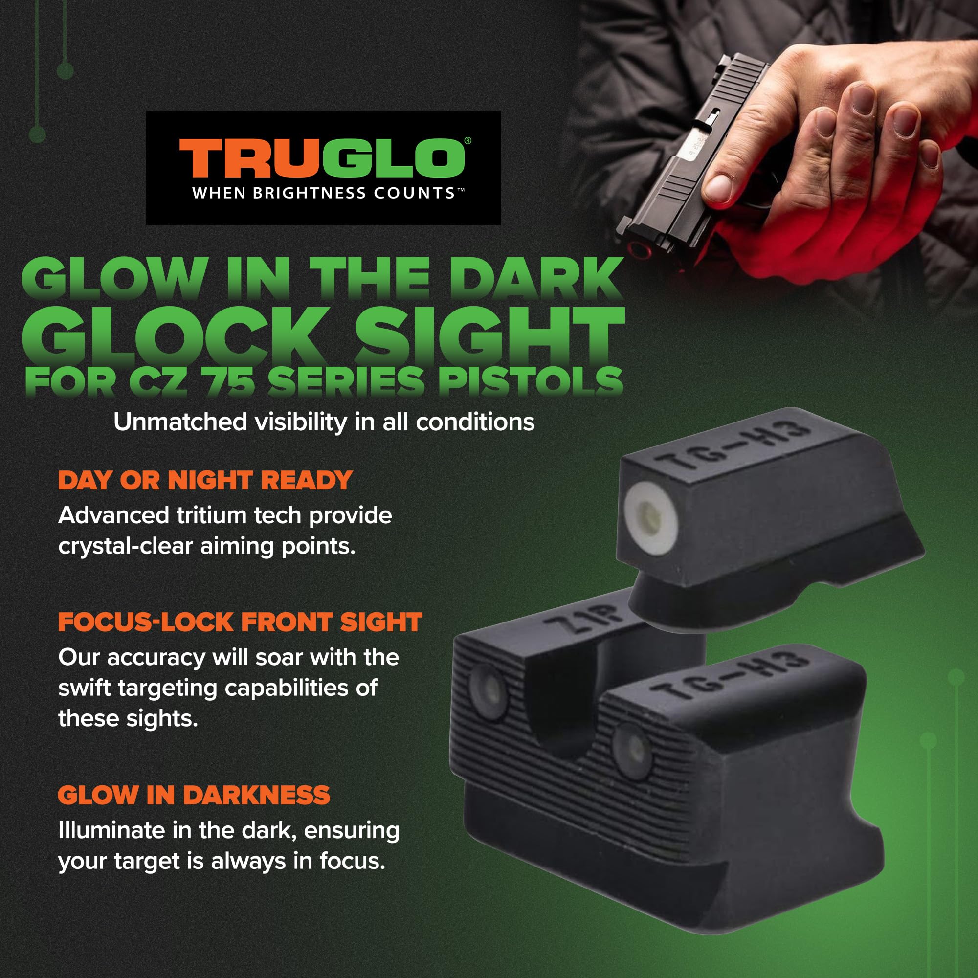 Tritium Pro Compact Night Sights TRUGLO with Daylight White Dots, Night Tritium Dots & Focus Lock Front Ring for CZ Handguns, Black