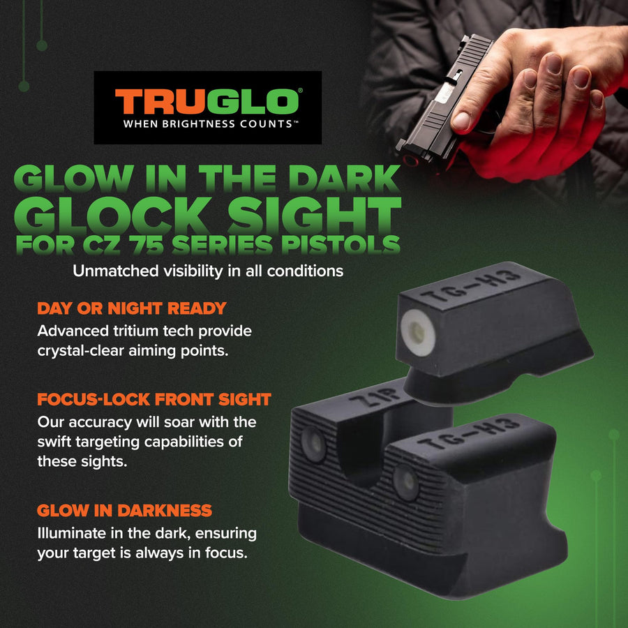 Tritium Pro Compact Night Sights TRUGLO with Daylight White Dots, Night Tritium Dots & Focus Lock Front Ring for CZ Handguns, Black