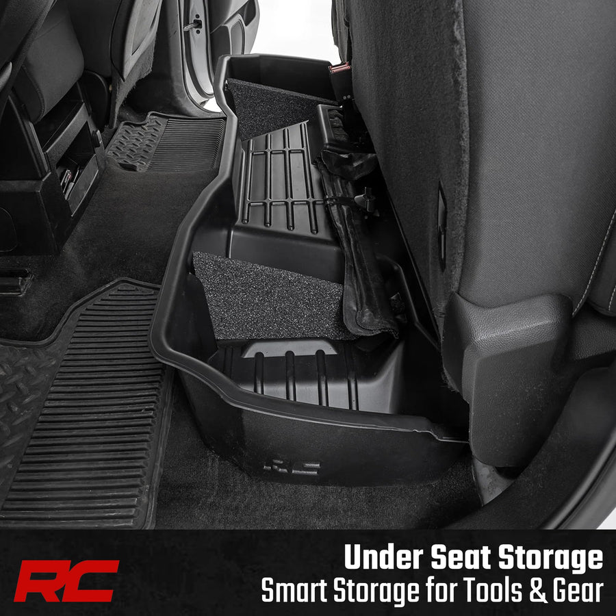 Rough Country Under Seat Storage Box for GMC Sierra & Chevy Silverado 1500/2500HD/3500HD Double Cab (2007–2019) - Custom-Fit Underseat Organizer Tray