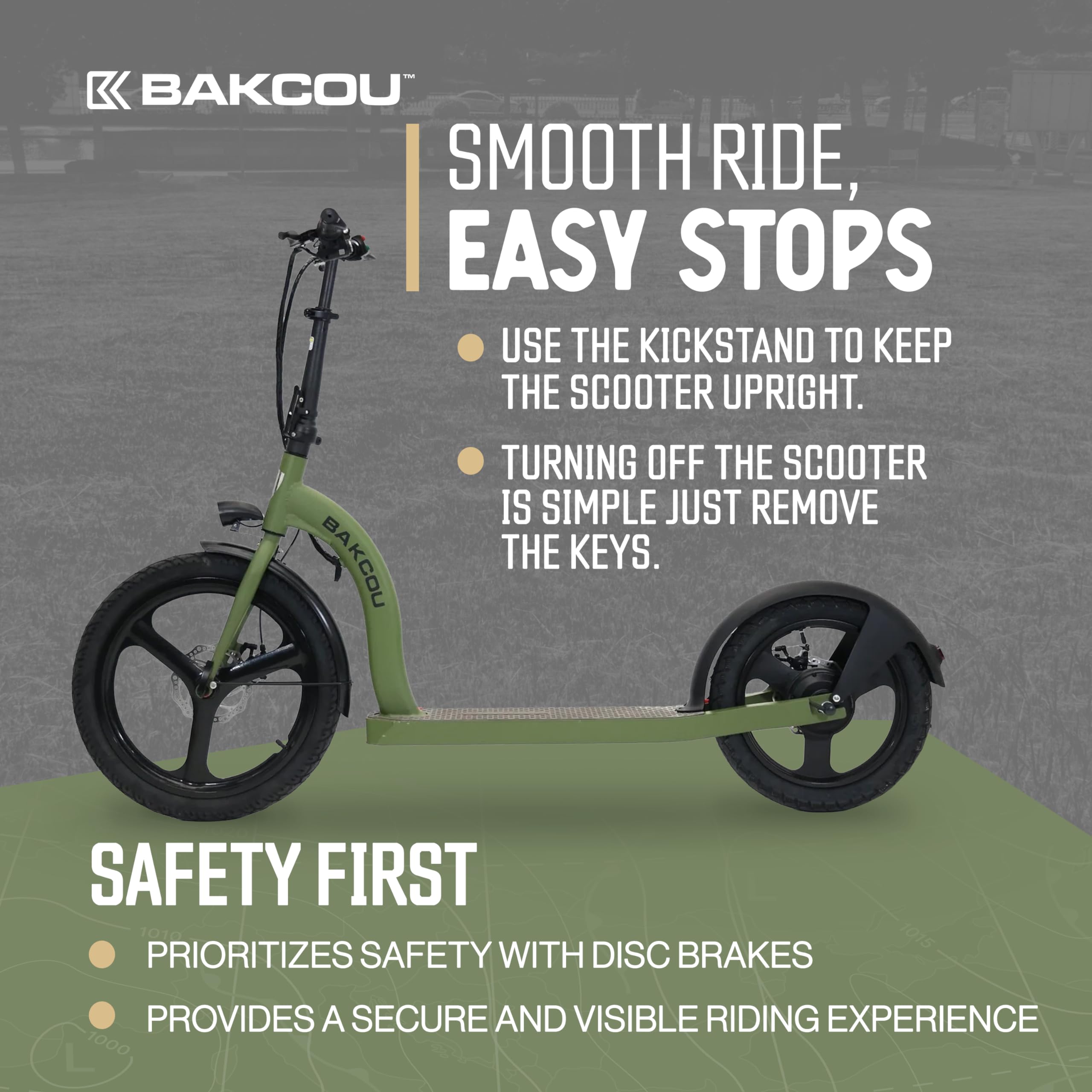 Bakcou - Badger Foldable Electric Scooter with Seat - Matte Green - 350W Motor 36V Battery, Large Wheels, Disc Brakes with Lights, Horn & Charger